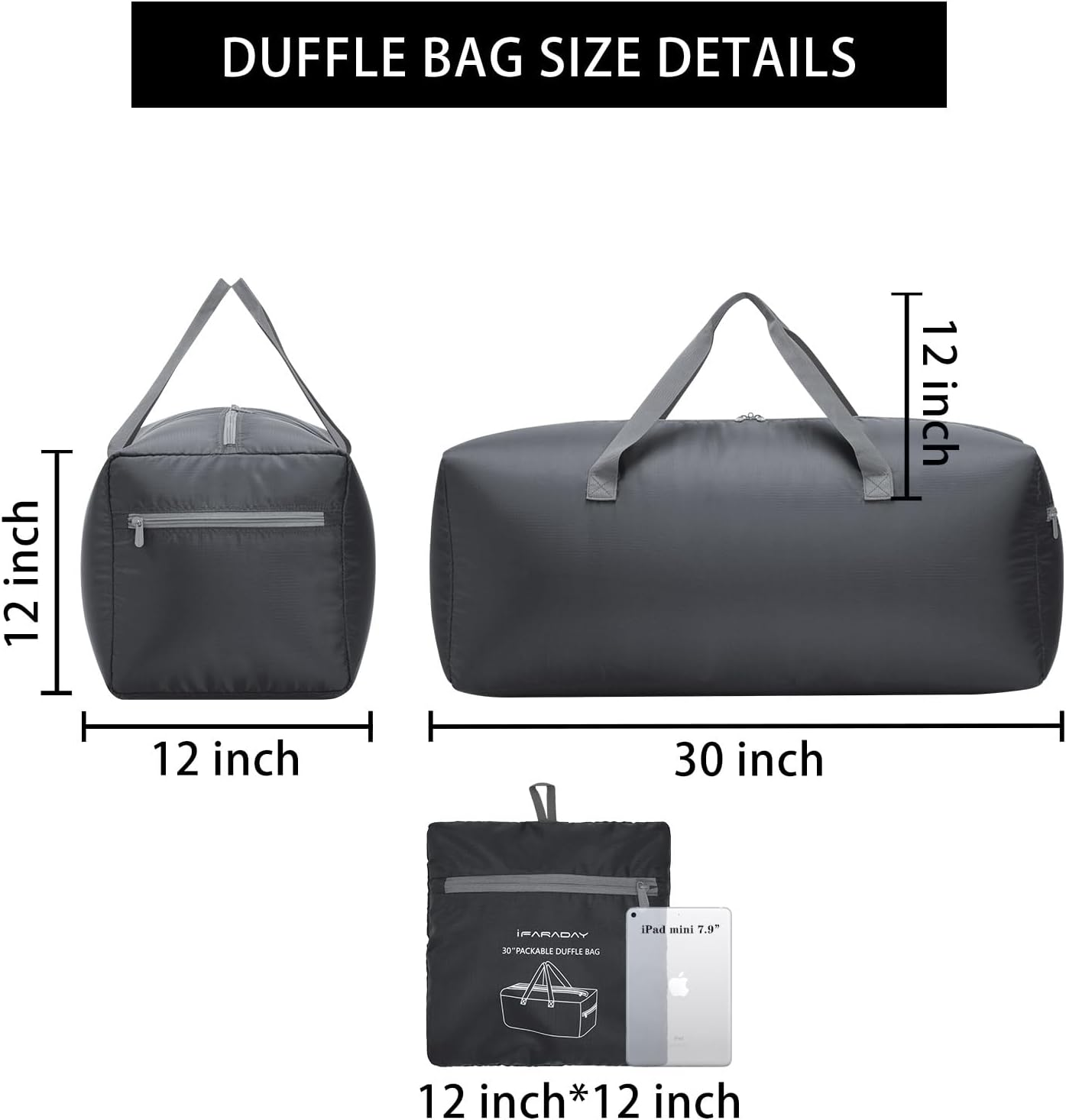 Foldable Duffel Bag 30" Lightweight 75L with Water Resistant (Grey) - Black image number 5
