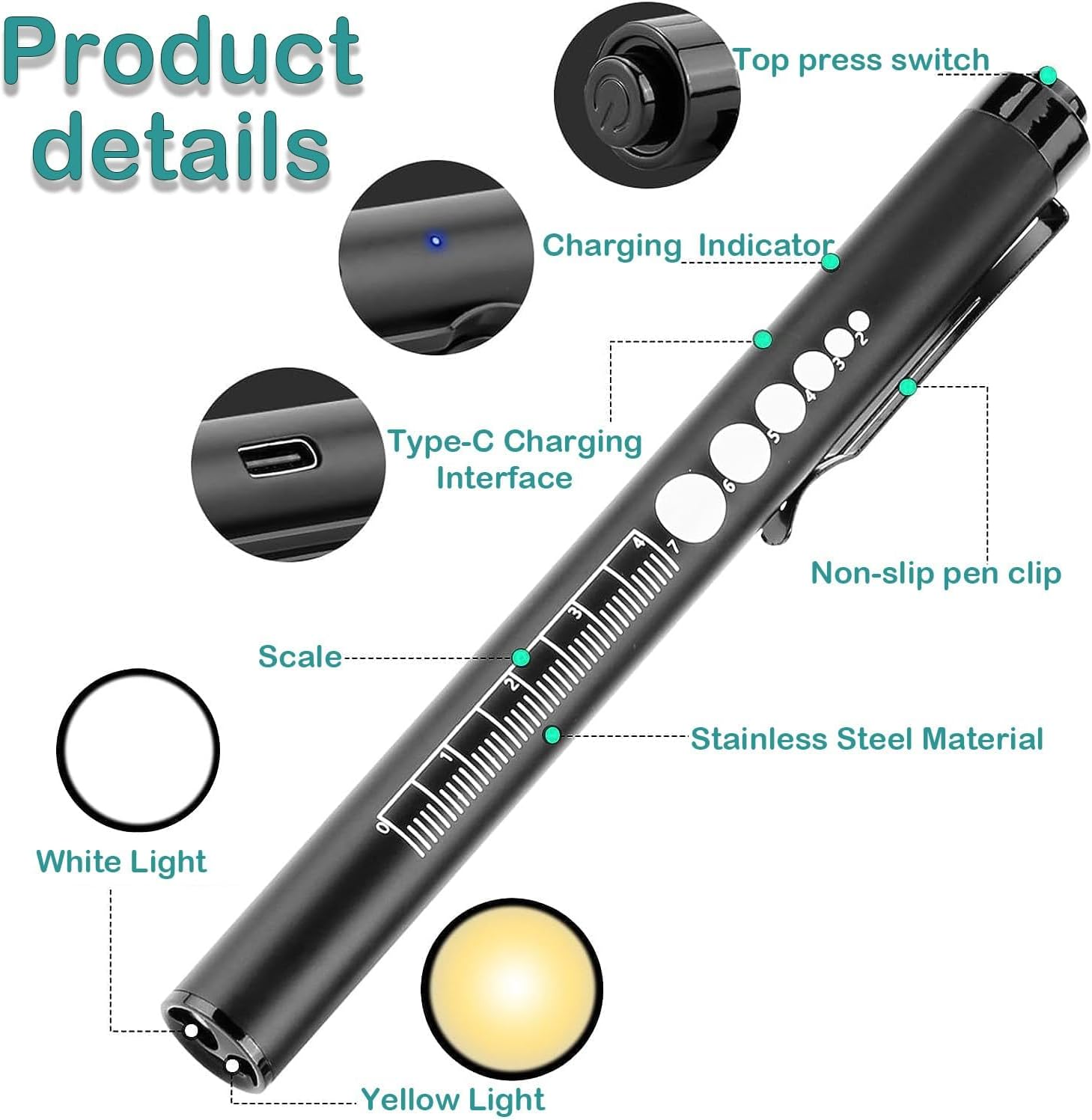 KEWAYO 2Pcs Pen Light, Reusable LED Penlight for with Pupil Gauge & Ruler, USB Rechargeable, Extra Warm Light Bulb, Pocket Clip Mini Flashlight(Black, Silver) image number 4