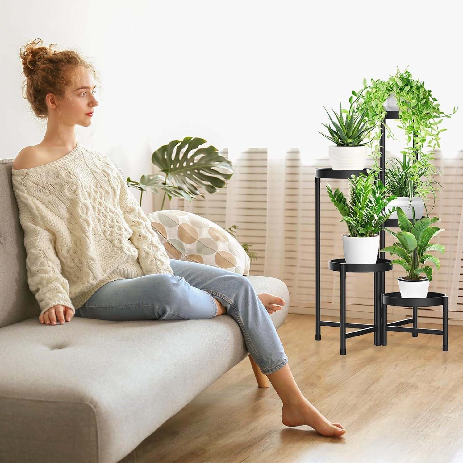 5 Tier Metal Plant Stand Indoor Outdoor, Foldable Corner Tall Plant Stands for Plants Multiple, Tiered Plant Shelf Flower Pot Holder Display Rack for Patio Garden Balcony Living Room