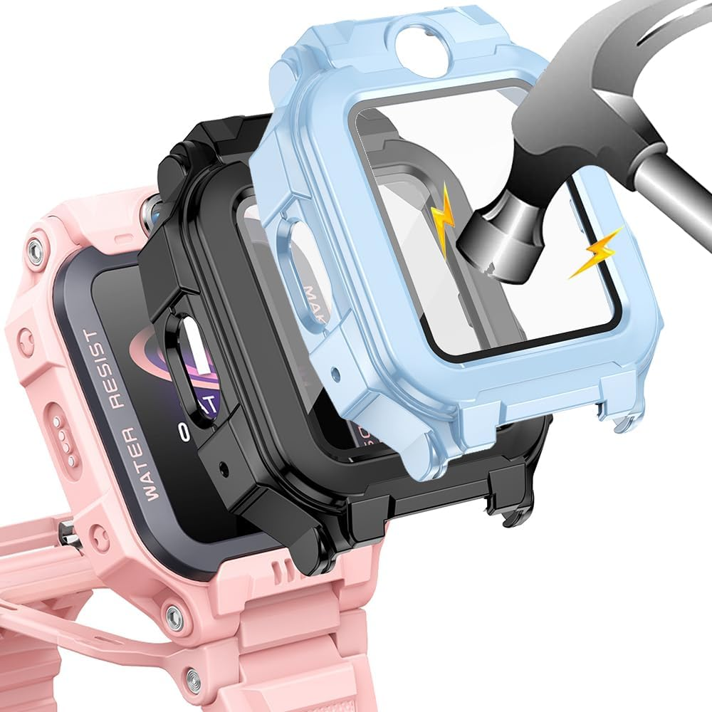 Akanry [Pack of 2 Hard Case Compatible with Imoo Watch Phone Z7 with Screen Protector, 9H Hardness Hard PC Tempered Glass Thin Case, Black Blue