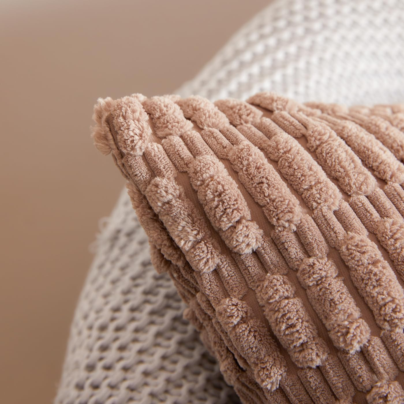 Pack of 2 Corduroy Decorative Throw Pillow Covers 18X18 Inch, Soft Neutral Couch Pillow Covers Boho Plush Striped Cushion Cases Rustic Farmhouse Home Decor for Sofa Bedroom Living Room Couch Balcony - Light Brown image number 2