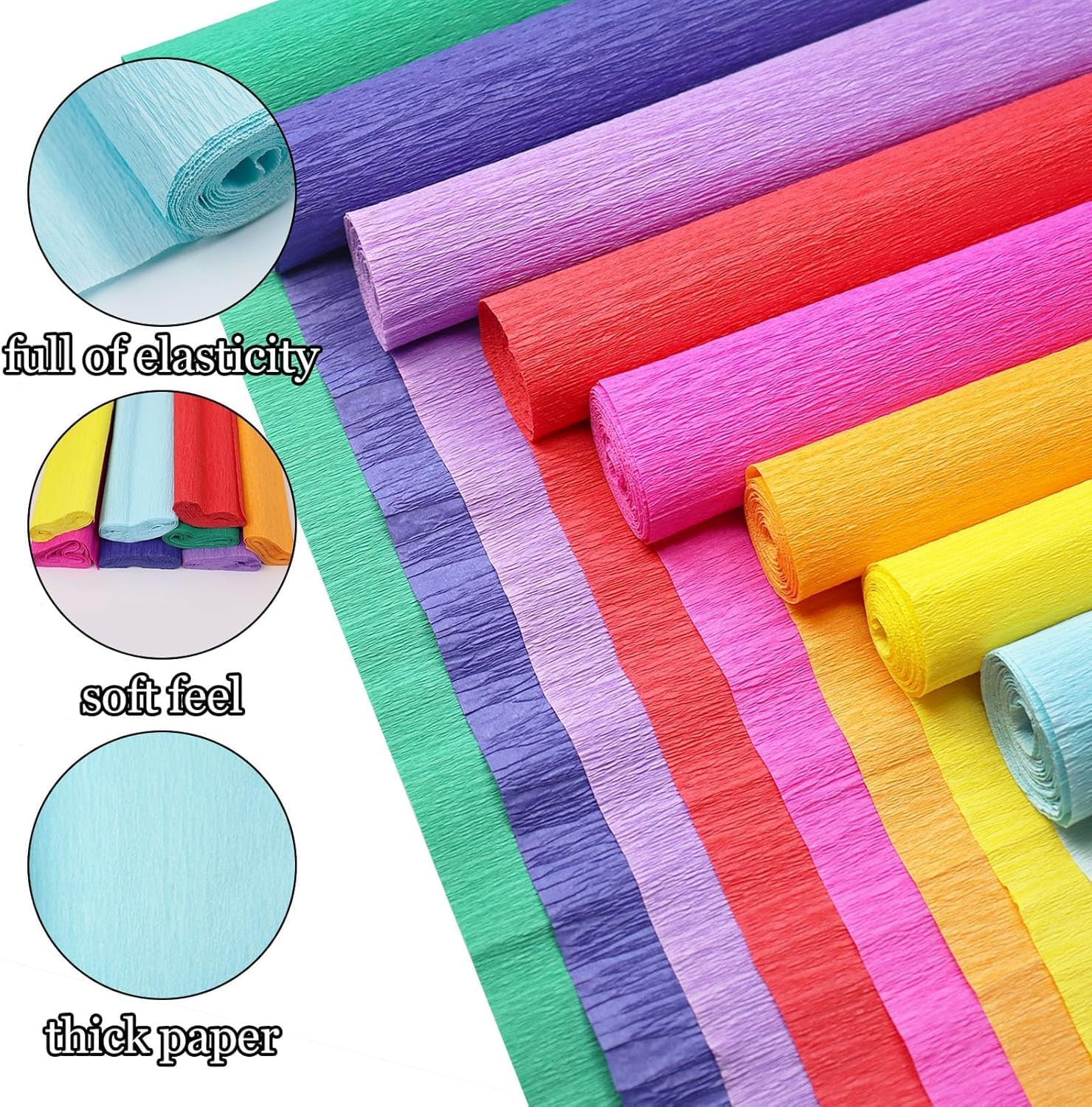 8 Roll Rainbow Crepe Paper Craft Kit25 X 250Cm(10" X8') Includes 50 Sturdy Floral Wires & 1 Stretch Tape，Tear-Resistant Papel Crepe Supplies for DIY Party Decor, Wedding Flowers, Family Crafts(Rainbow Colors)