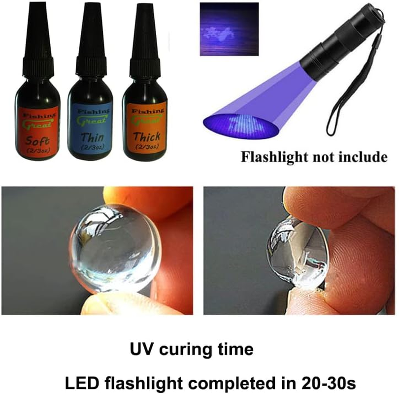 Greatfishing Fly Tying UV Clear Glue and Power UV Light Combo Three Bottles Thick Thin and Soft +12 LED UV Light for Building Flies Heads Bodies Wings and Gluing Eyes - Thin Uv Glue image number 4