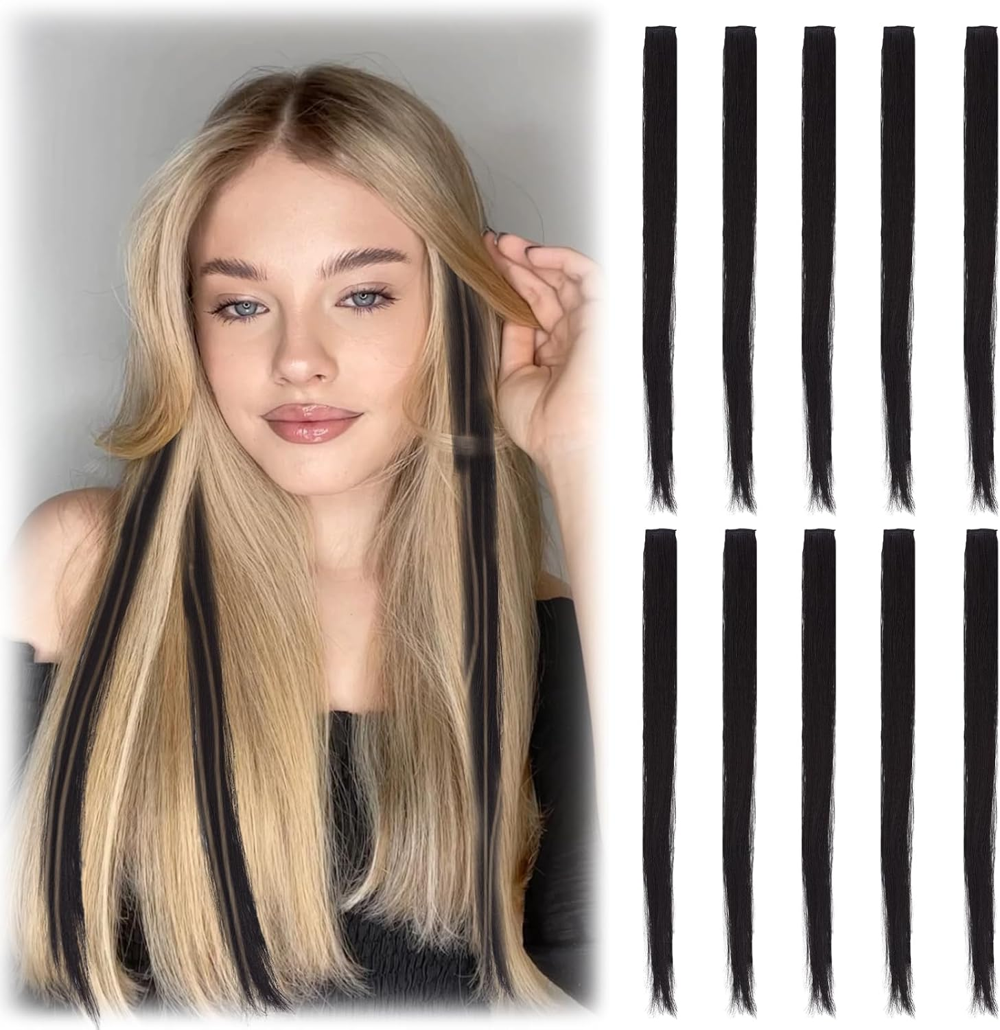 NICENEEDED Clip-In Hair Extensions in Jet Black Long Straight Hair Extensions for Halloween Christmas Cosplay (10 Pieces 20 Inches)