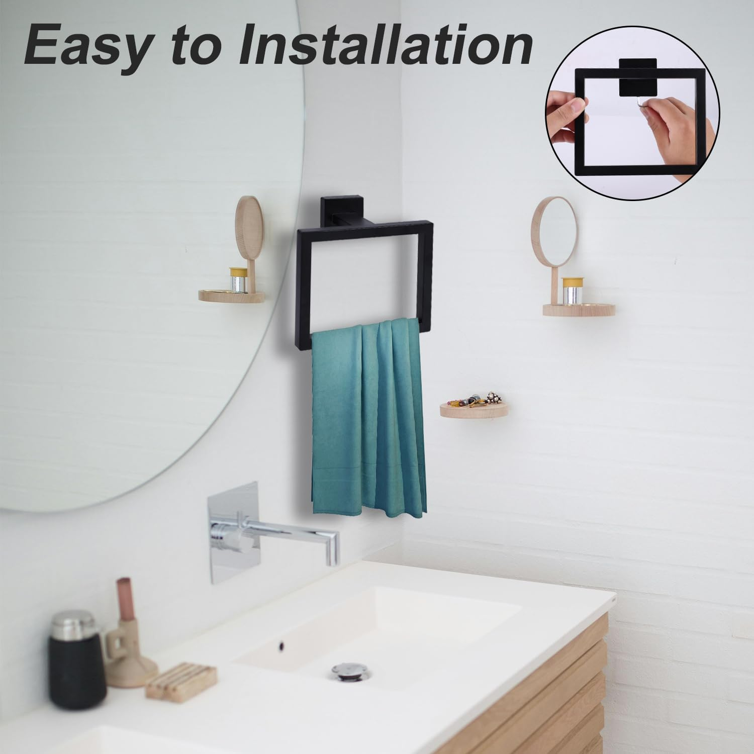 2Pcs Towel Holder for Bathroom, Matte Black Square Towel Ring Stainless Steel Wall Mounted Towel Holder Towel Rack Towel Hanger Towel Bar for Home Kitchen Bathroom Toilet image number 1