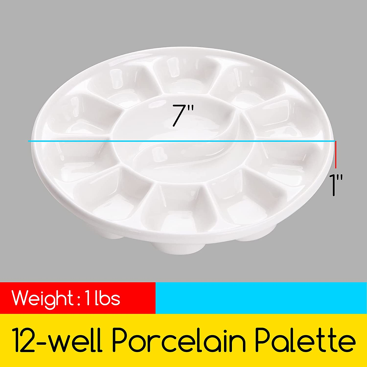 MEEDEN 12 Well round Porcelain Artist Paint Palette for Watercolor Gouache Acrylic Oil Painting, 7-Inch