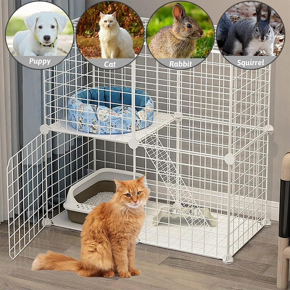 2 Tier Cat Cage Indoor, Detachable Metal DIY Pet Playpen, Portable Collapsible Pet Cat Cage, Animal Cage Wire Cage Indoor, 75 * 73 * 39 Cm, White image number 6
