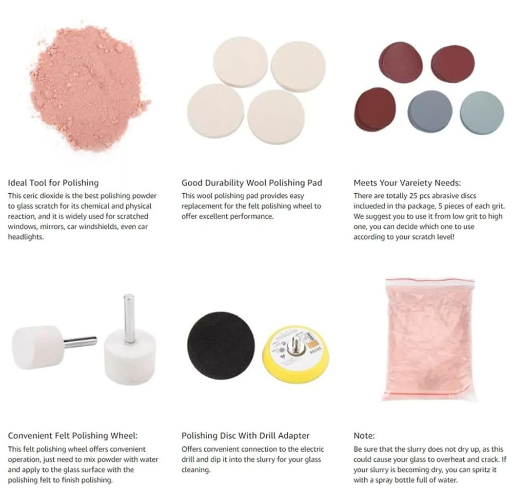 34Pcs Glass Polishing Kit, Professional Scratch Remover for Window & Windshield Repair, Includes Cerium Oxide Polishing Powder, Felt & Wool Polishing Pads for Glass, Ceramic, Metal image number 4
