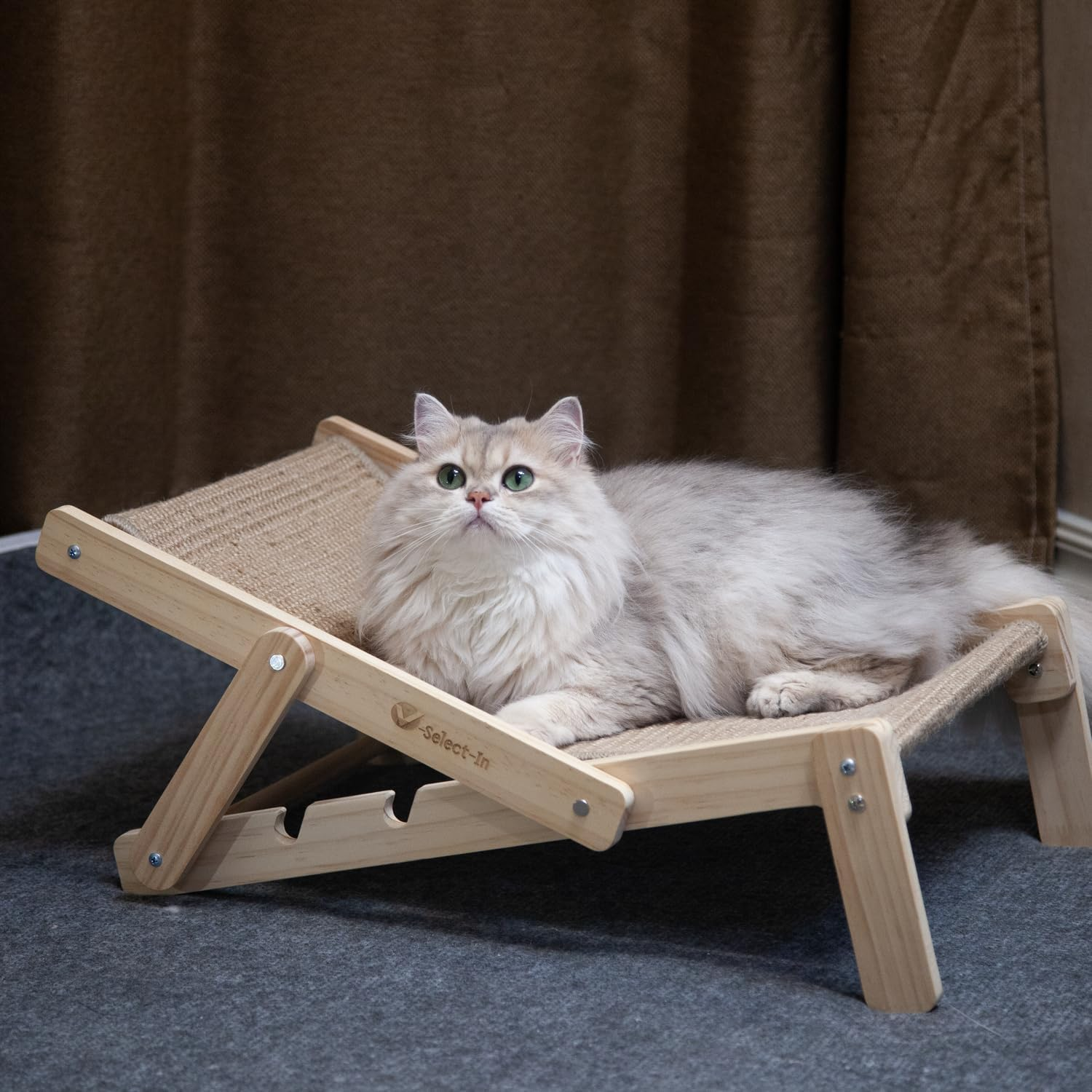 V-Select-In Cat Sisal Chair, Cat Hammock, Adjustable Cat Bed, Foldable Cat Lounger with Sisal Scratcher, Wooden Beach Cat Chair with Durable Scratching Mat, Cat Perch for Small Cats & Kittens.