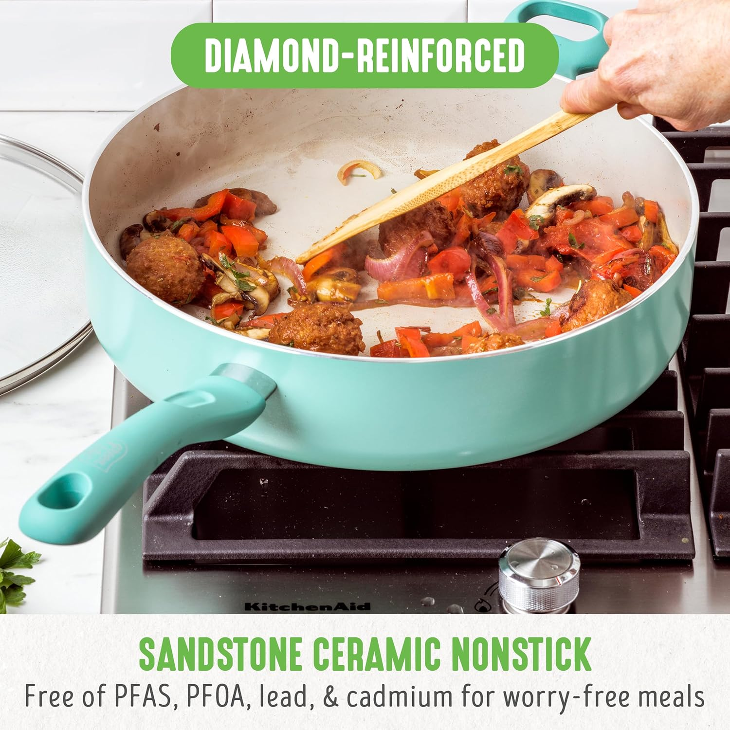 Greenlife Soft Grip Diamond Healthy Ceramic Nonstick, 5QT Saute Pan Jumbo Cooker with Helper Handle and Lid, Pfas-Free, Dishwasher Safe, Turquoise - Pink image number 7