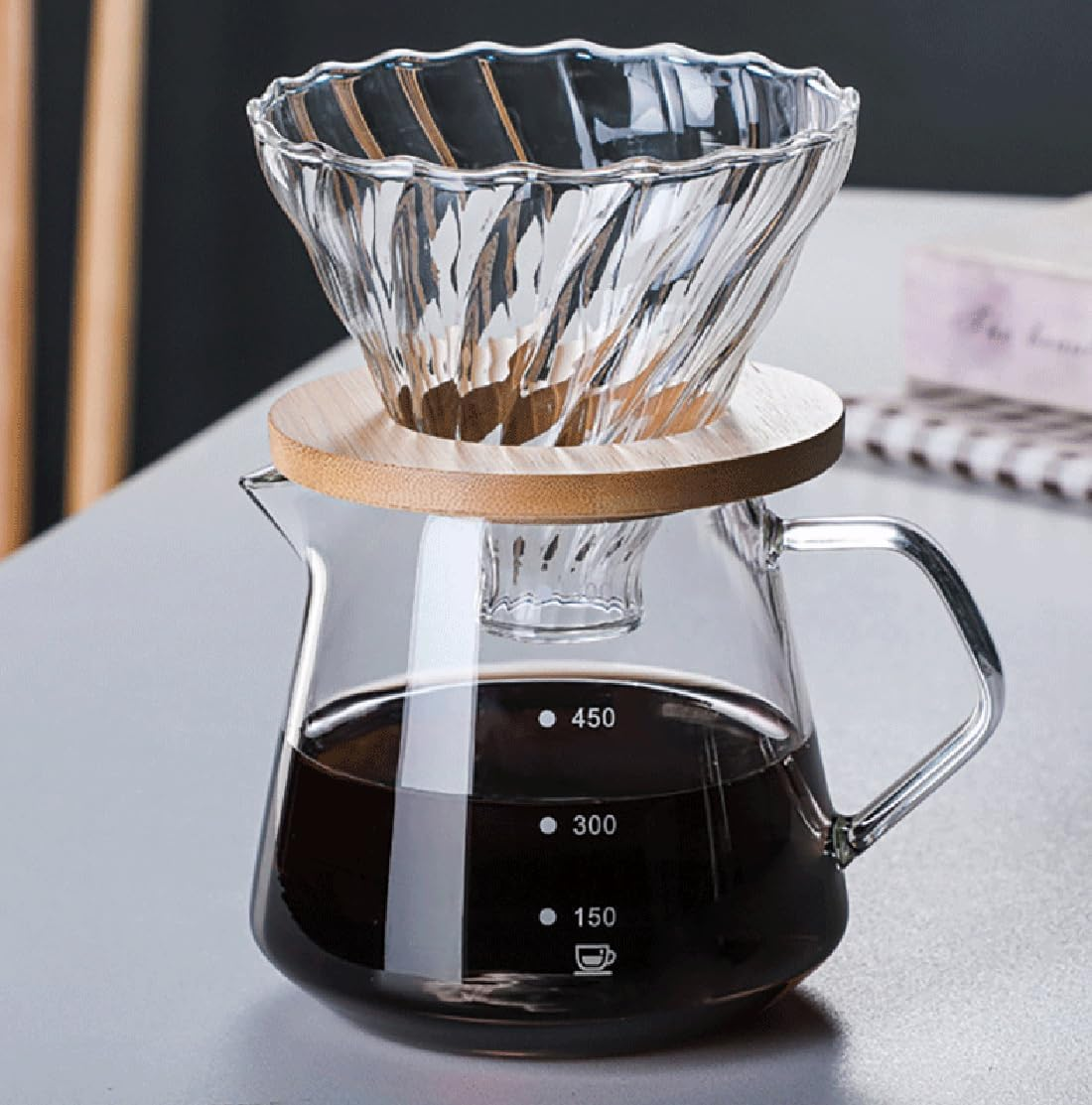 Pour over Coffee Maker - 20 OZ /600ML Coffee Server with Glass Coffee Dripper, Stylish and Elegant 2 in 1 Dripper Coffee Maker Kit Coffee Maker for Home or Office, 1-5 CUPS