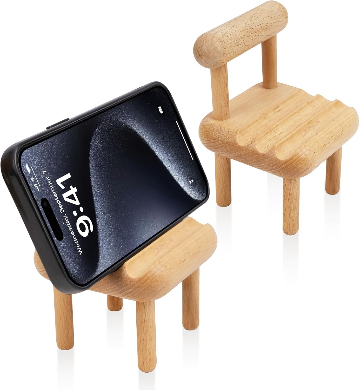 2 Pack Cell Phone Stand, Wooden Chair Holder for Desk, Angle Adjustable Desktop Phone Holder, Mini Wooden Chair, Portable Cellphone Cradle Desktop Dock for All Mobile Phones image number 1