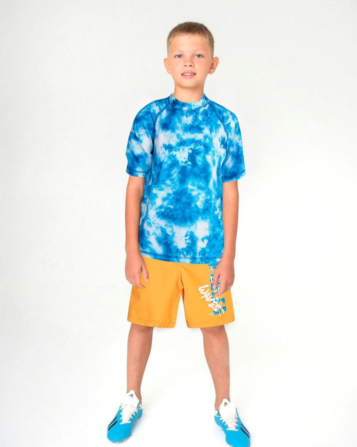 OXUBOAO Boys' Two-Piece Swimsuit Kids Rash Guard Set Blue Short Sleeve Swim Shirt with Orange Shorts Surfing Set