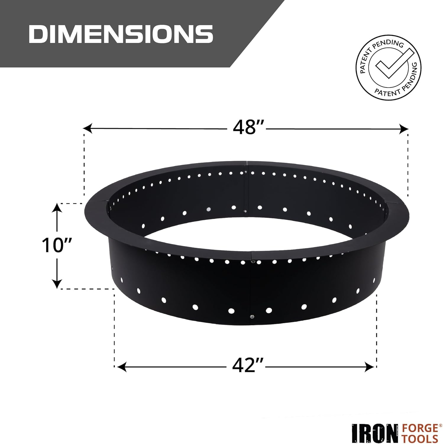 Iron Forge Tools Fire Pit Ring 48 Inch Outer/42 Inch Inner - Heavy Duty Metal Smokeless round Fire Pit Insert Liner for Outdoor - Fire Ring for outside Fire Pit (48X42X10 Inch) - Patent Pending image number 1