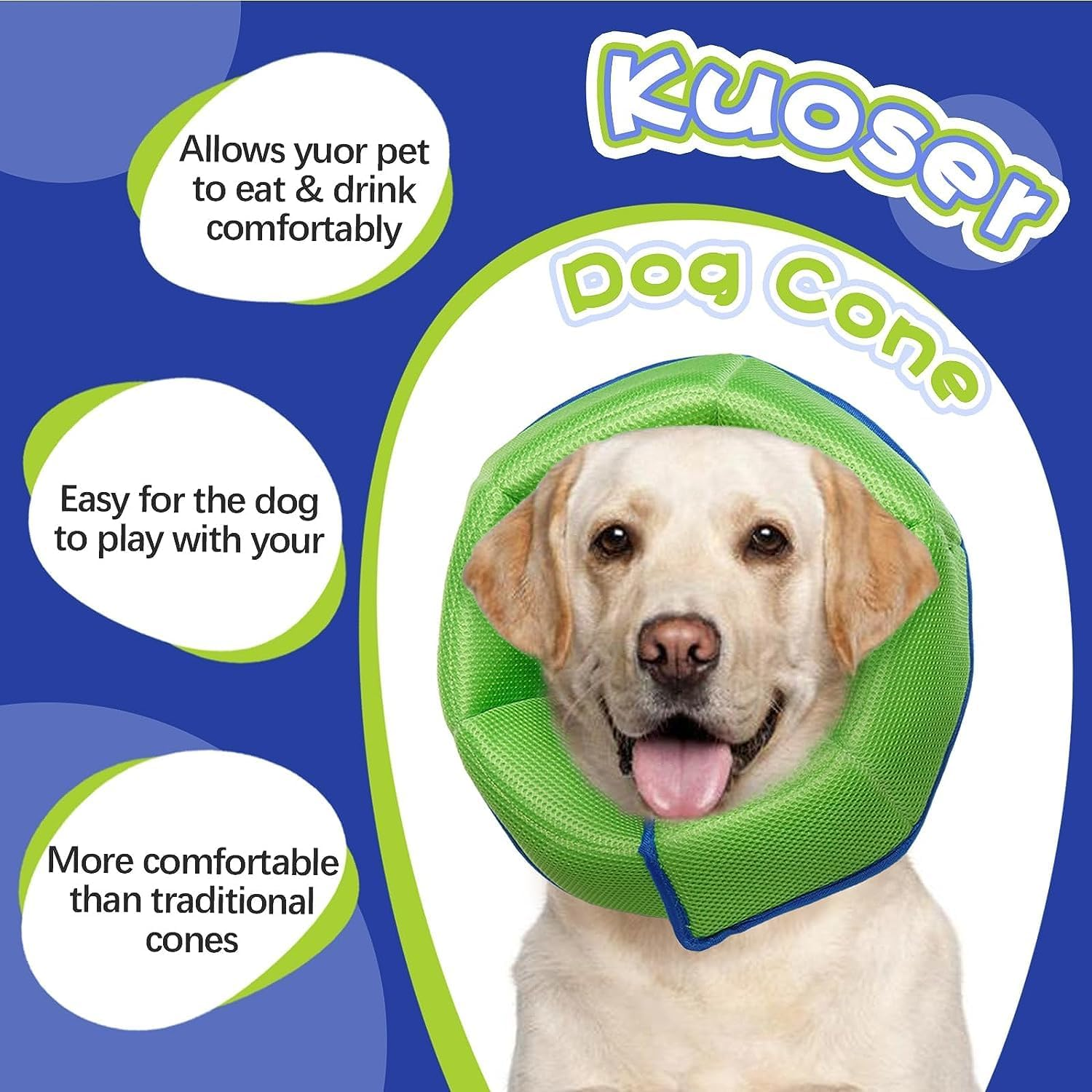 Kuoser Dog Recovery Collar,Soft&Adjustable Dog Cone,Elizabethan Dog Collar after Surgery,Wounds Protection,Licking Scratching Prevention,Skin Diseases,Weaning,Comfortable Pet Cone(Blue,M) image number 1