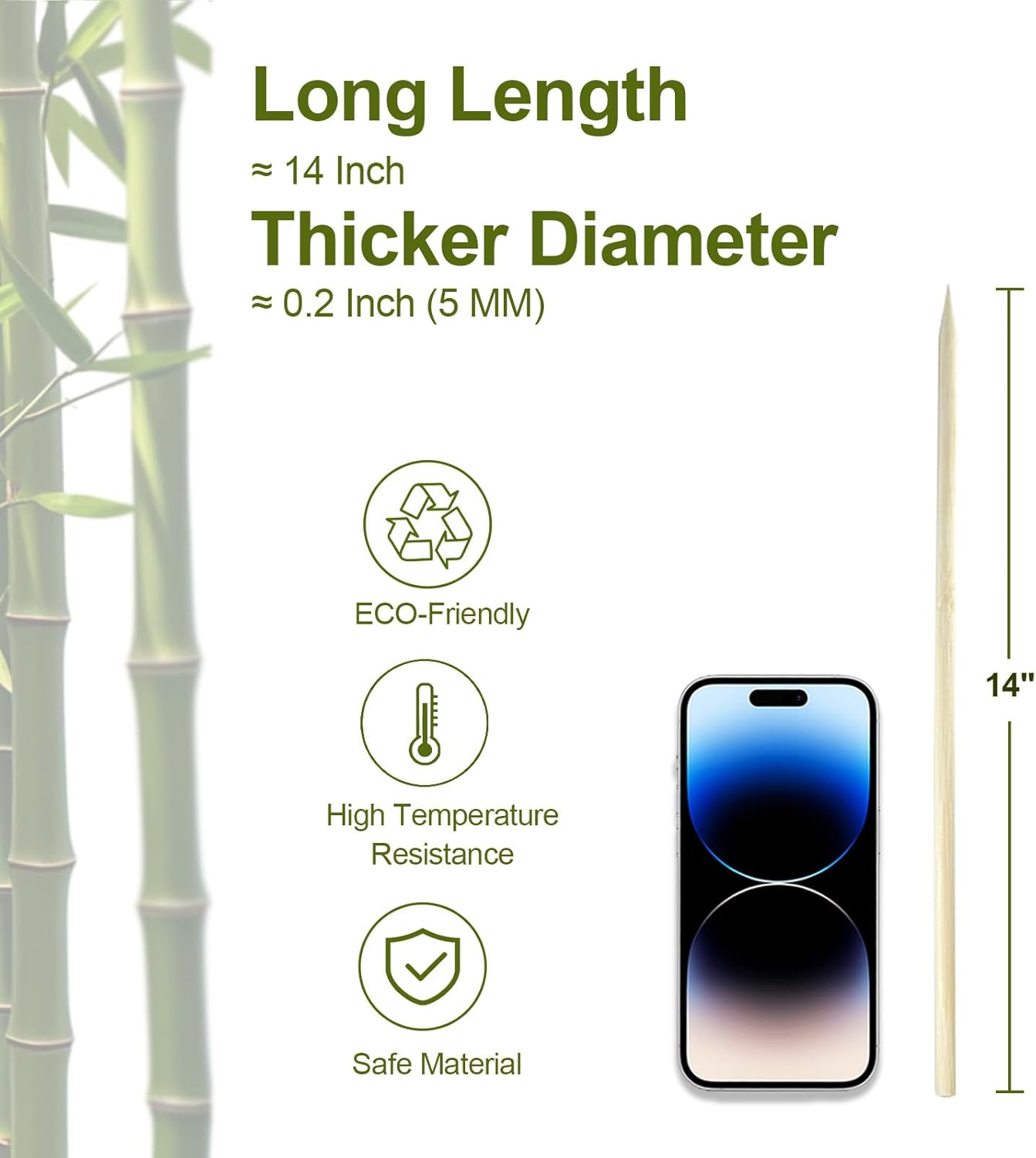 Bamboo Skewers (50 Pack), 14 Inch Wooden Kabob Skewers for Grilling, 5Mm Sturdy Bamboo Kebab Skewer Sticks Shish Kabob Wood Grill Skewer for Barbecue, Appetizers, Food, BBQ Meat, Long Toothpicks image number 2