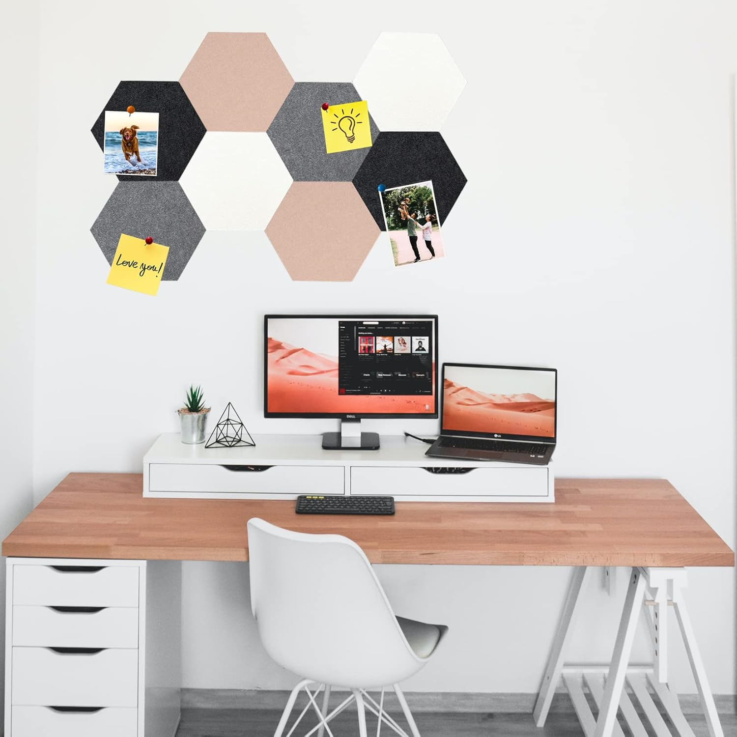 8Pcs Hexagon Felt Cork Board Tiles, Self Adhesive DIY Bulletin Board Pin Board for Office School Home Wall Decor Stickers Memos Photos Display (Camel & Grey) - A- Gradual Grey image number 6