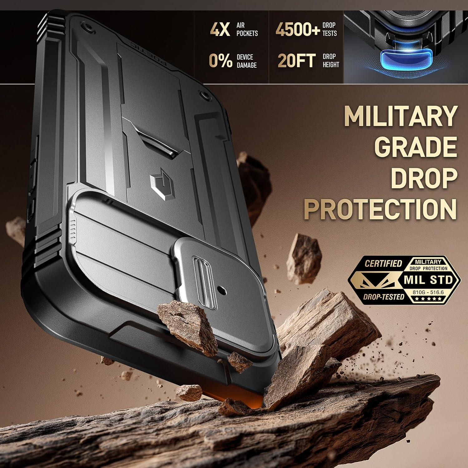 Poetic for 17 Case with Camera Control Capture Button, [Slide Camera Cover] [Built-In Stand] [Built-In Screen Protector] Full-Body Military Grade Rugged Phone Case for 17, Black image number 5