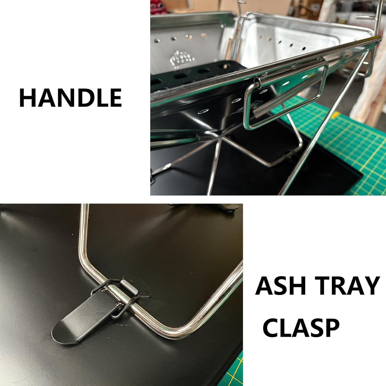 ZOOMTEC Portable Camping Fire Pit, Stainless Steel 304 Folding Firepit 42CM X 42CM with Handle, Height Adjustable & Collapsible BBQ Grill Stove with Carrying Bag & Ash Tray Bracket