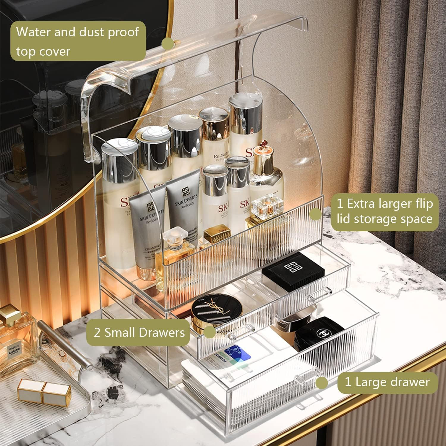 Makeup Organiser Storage, XL Large Acrylic Cosmetics Organiser Skincare Display Case with Waterproof Dustproof Cover for Bedroom Bathroom Desktop(Stripe-Xl) - Translucent Stripe image number 3