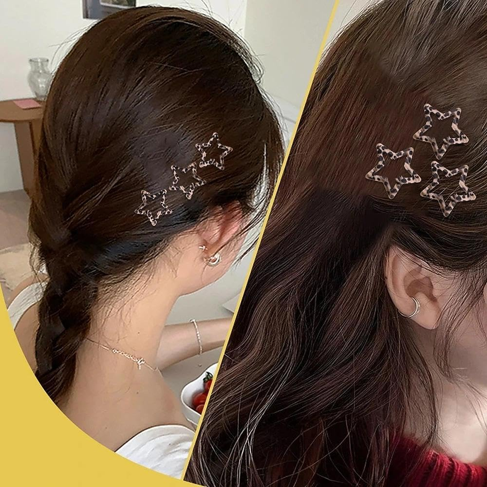 Leopard Print Star Snap Hair Clips for Teen Girls Women Non Slip Clips Barrettes Set of 8 Metal Brown Cheetah Leopard Hairpins Headpiece Aesthetic Edgy Star Hair Accessories image number 6