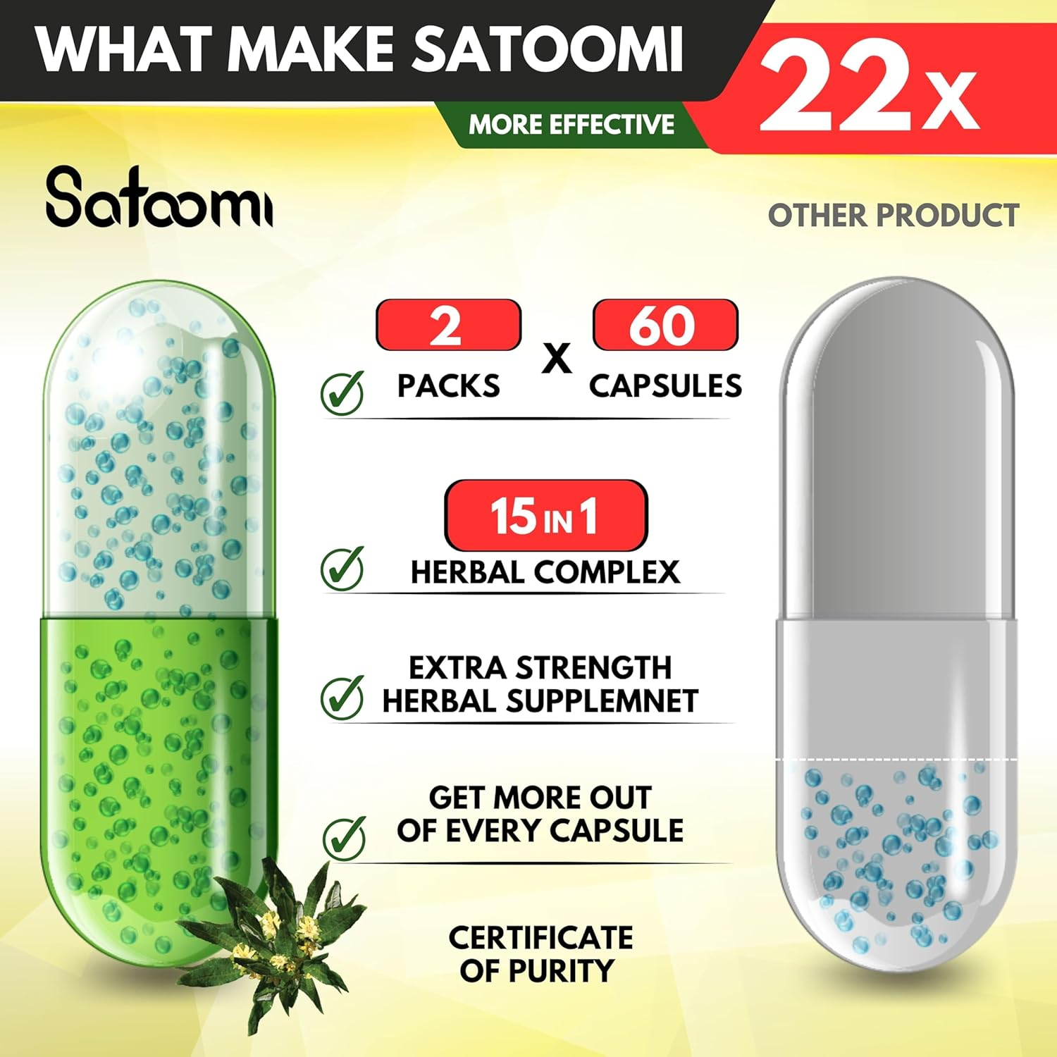 SATOOMI 15In1 Fadogia Agrestis Supplement - Tongkat Ali Root, Shilajit, Black Peper, Elderberry & More - 2 Packs 60 Caps for 2 Months image number 4