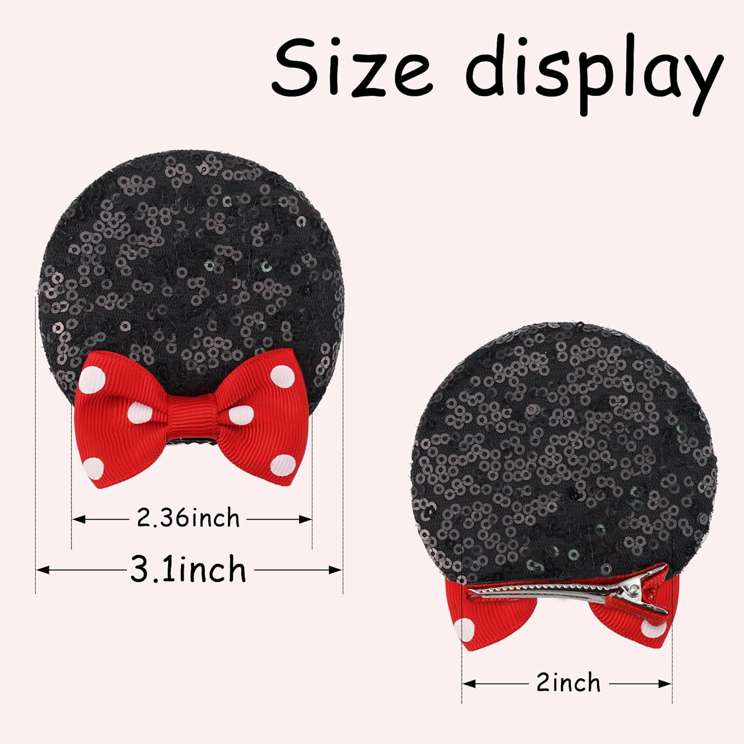 Ayesha Mickey Minnie Ears Hair Clips Mouse Ears for Toddler Girls Sequin Mouse Bows Barrettes Mice Ears Polka Dot Bows Mouse Hair Accessories for Baby Girls Toddler Kids Costume Party 4PCS image number 6