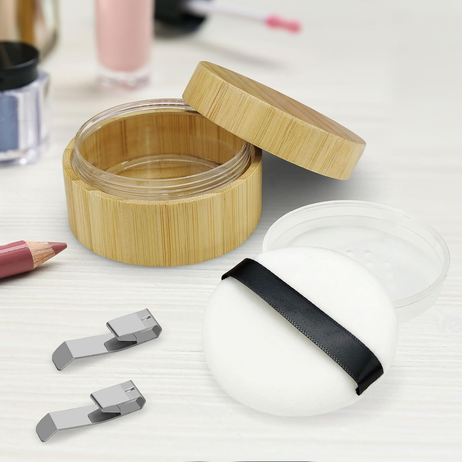 Sekonow 2 Pack Bamboo Loose Powder Container with Puff, 30Ml/1Oz Empty Dusting Powder Container Body Face Makeup Jar Case with Sifter and Screw Lid for Daily & Travel image number 6