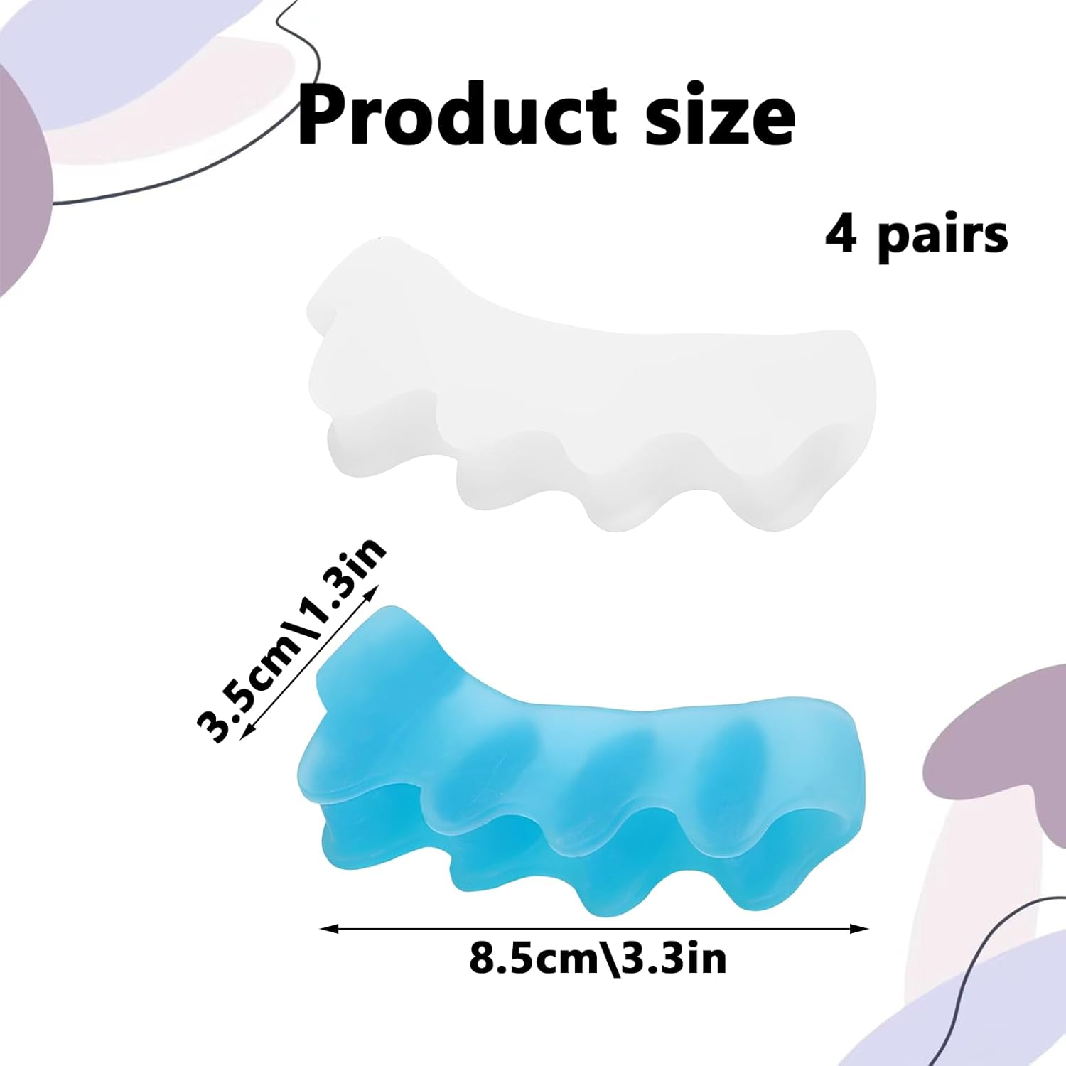 Toe Separators, 4 Pairs Soft Gel Toe Spacers, Bunion Corrector for Women and Men, Toe Splitter for Therapeutic Relief from Plantar Fasciitis, Hammer Toes, Claw Toes, Foot Pain (Blue/White)