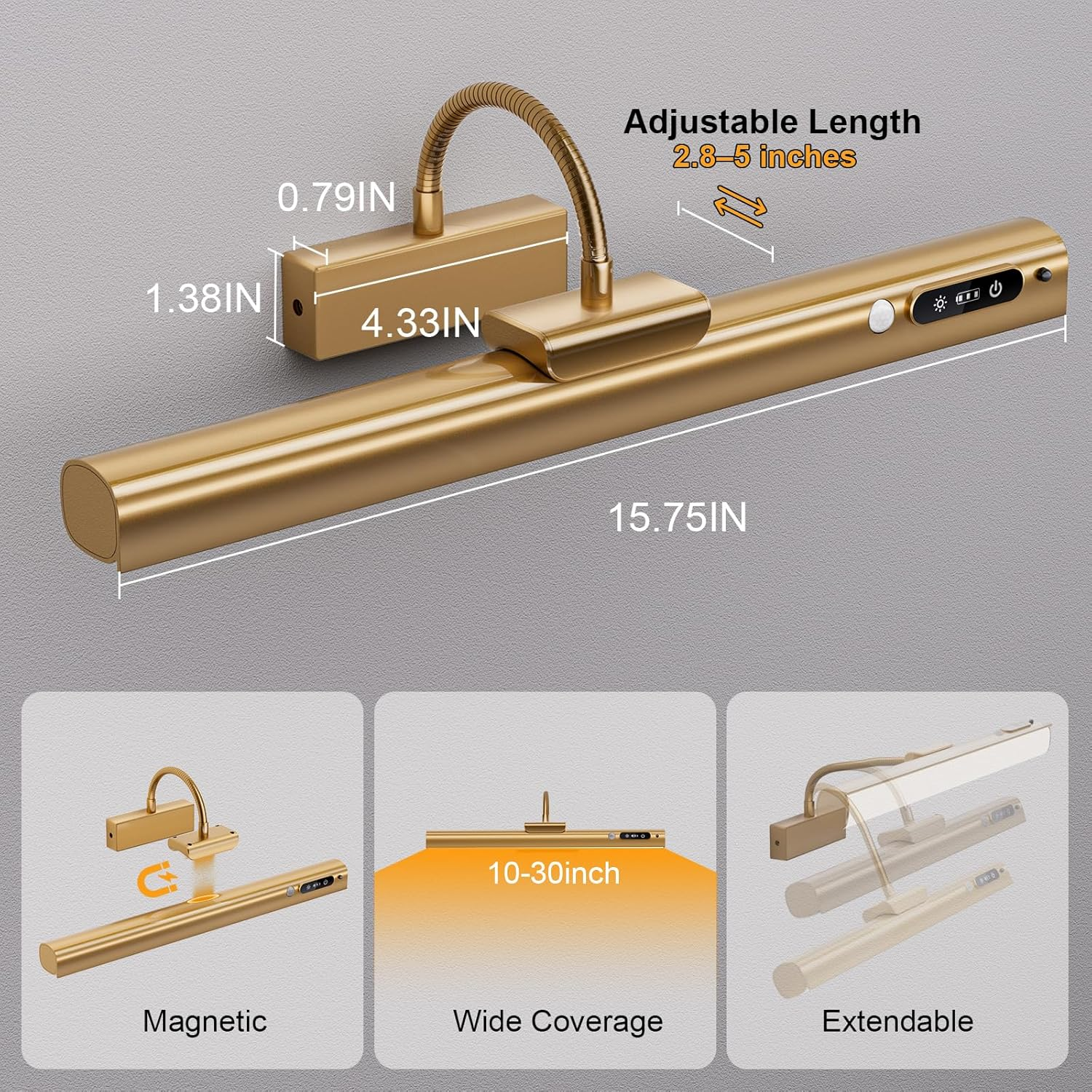 15.7'' Picture Lights for Wall with Motion Sensor, 9000Mah Rechargeable Battery Operated Poster Lights for Paintings, Portraits, Wall Decor, Gold