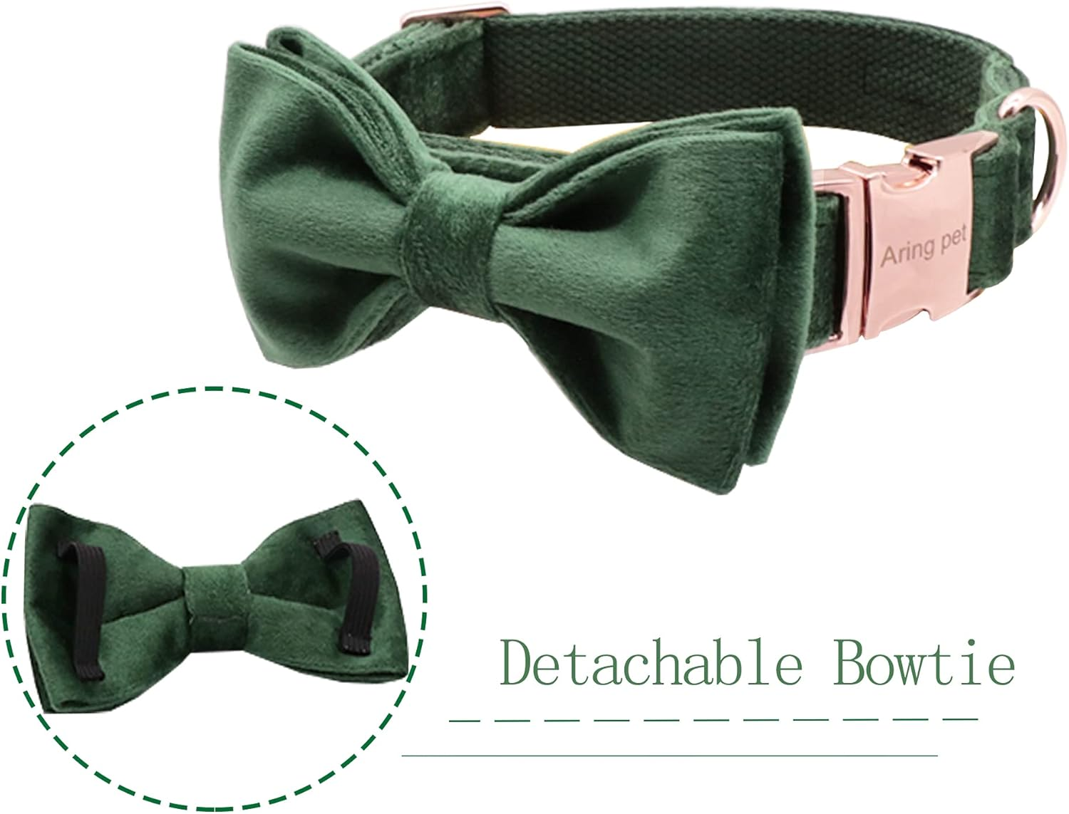 ARING PET Dog Collars with Bowtie-Velvet Dog Bow Tie Collar, Adjustable Dark Green Dog Collar