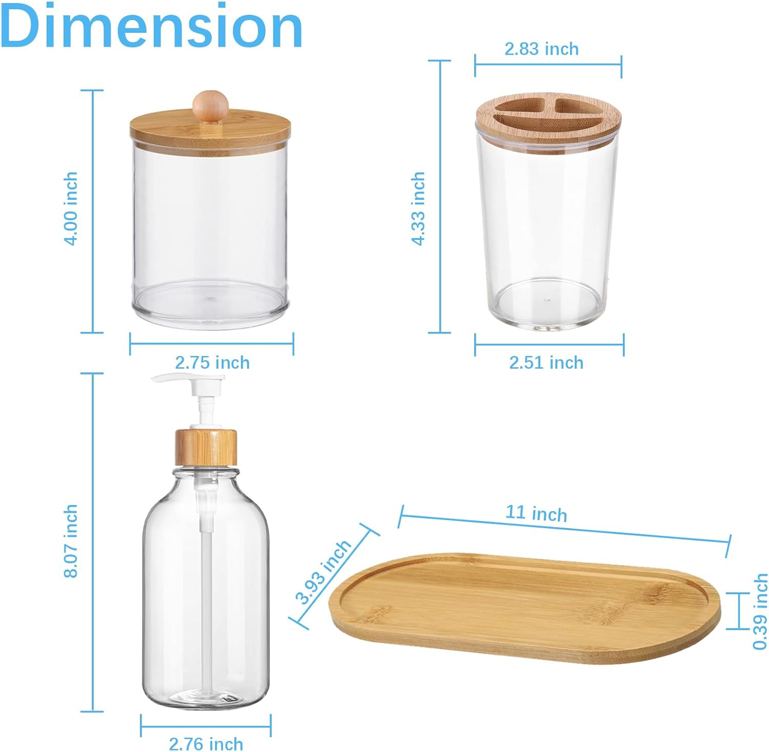 5 Pack Bamboo Bathroom Accessories Set with Tray - Plastic Soap Dispenser Clear Toothbrush Holder and 2 Qtip Holder Cotton Ball Container Jar image number 4