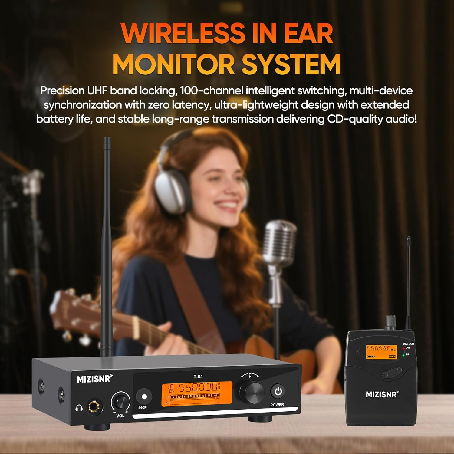 Wireless in Ear Monitor System, Pro UHF Mono IEM System with Metal Transmitter, 4 Bodypack Receivers W/Monitor Earphones, 100 Frequencies, Rack Mount, 262Ft Operation for Bands Stage Studio image number 2