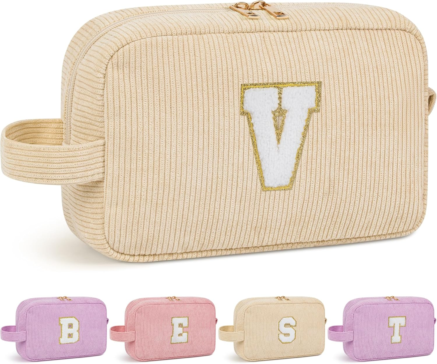 WELIDAY Personalized Initial Makeup Bag, Travel Chenille Patch Cosmetic Bag, Preppy Corduroy Toiletry Bag Monogram Cosmetic Pouch with Zipper, Ideal Gift for Teen Girls Women (Ivory White, V) image number 7
