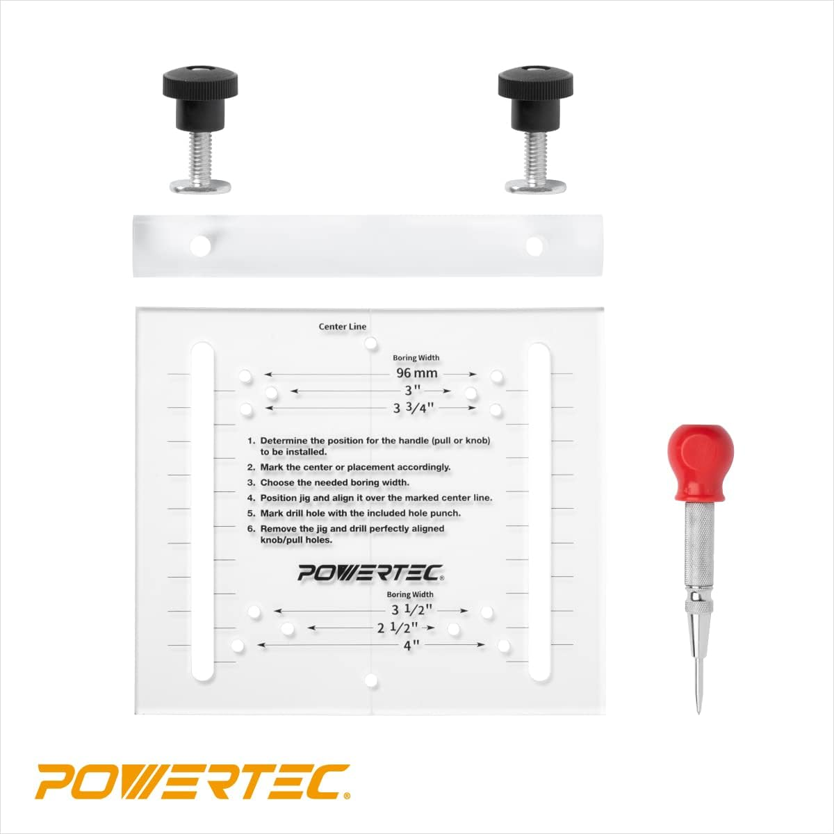 POWERTEC 71412 Cabinet Hardware Jig, Cabinet Hardware Template Tool and Center Punch, Drawer Pull Jig for Handles and Pulls image number 2