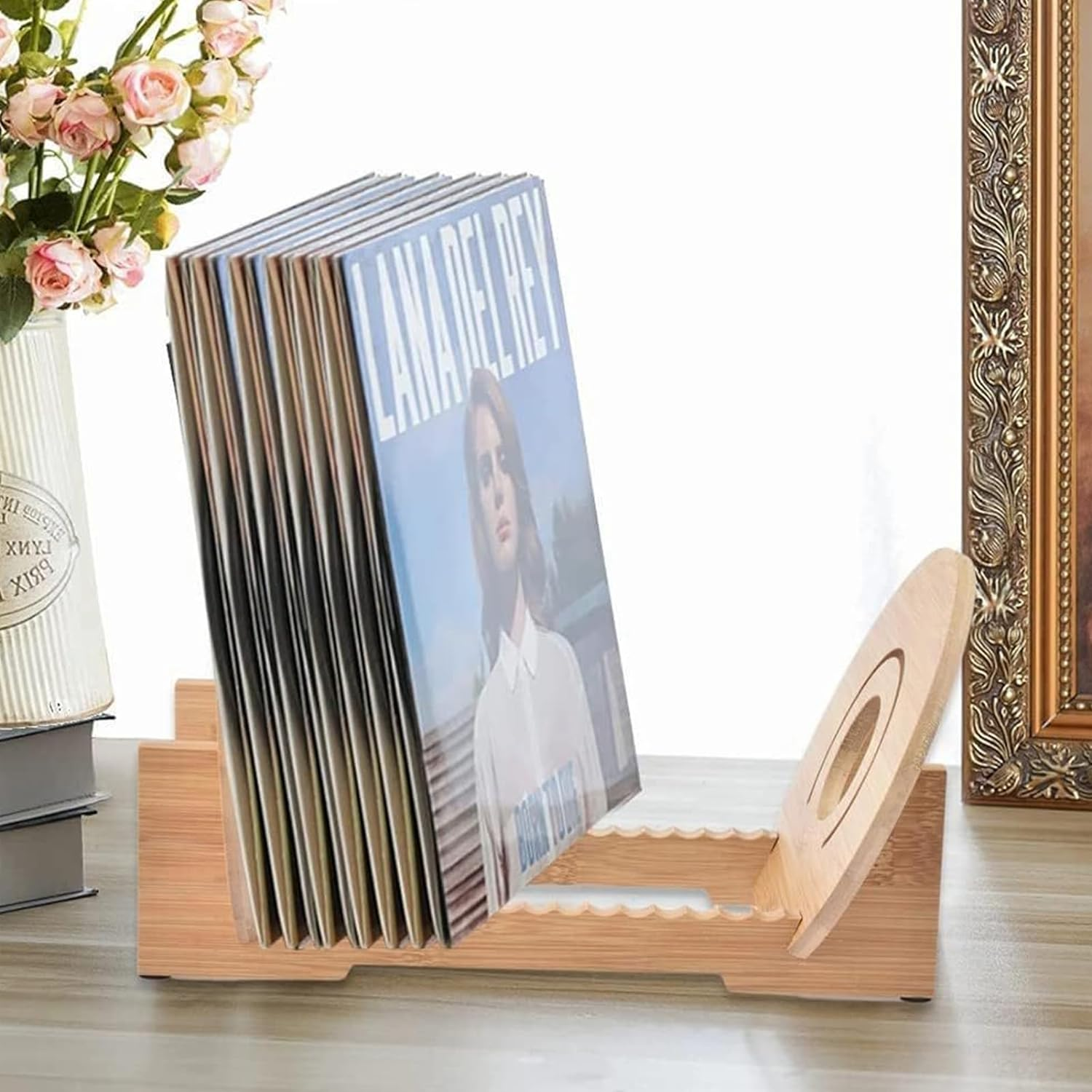 Vinyl Record Storage Holder, Holds up to 50 LP Music Albums, Bamboo Album Display Stand Vinyl Record Rack, Desktop File Sorter Organizer for Home Office image number 1