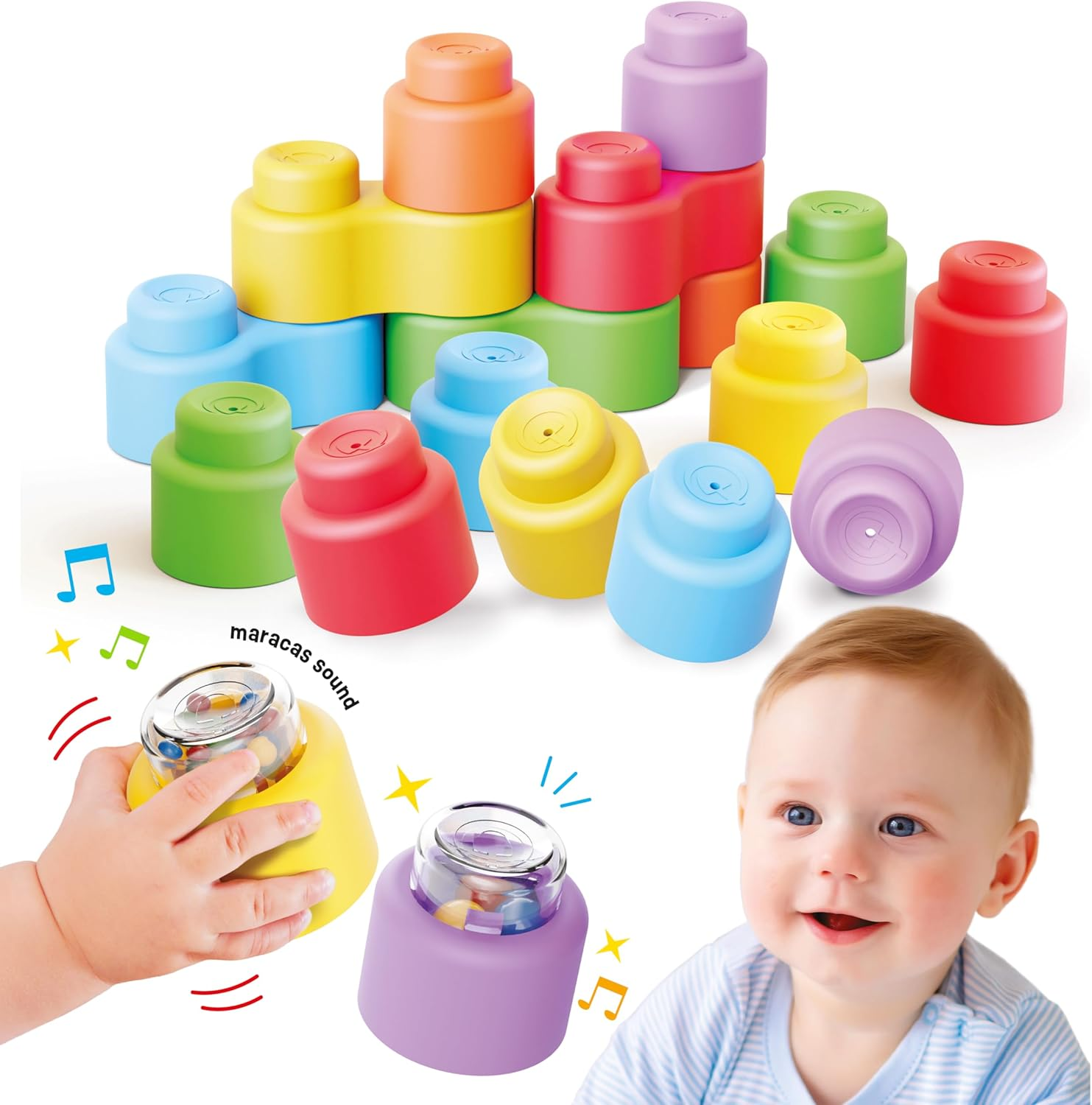 Quercetti - 4145 MOMY Soft Happy Sound, 18 Pieces Soft Plastic Building Blocks Toy for Children