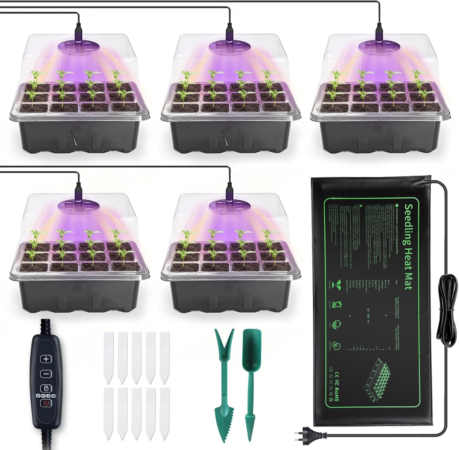 AUPETEK 5 Pack Seed Starter Tray with Heat Mat and Grow Light Humidity Domes, 60 Cell Trays Germination Station Cloning Kit Australian Plug