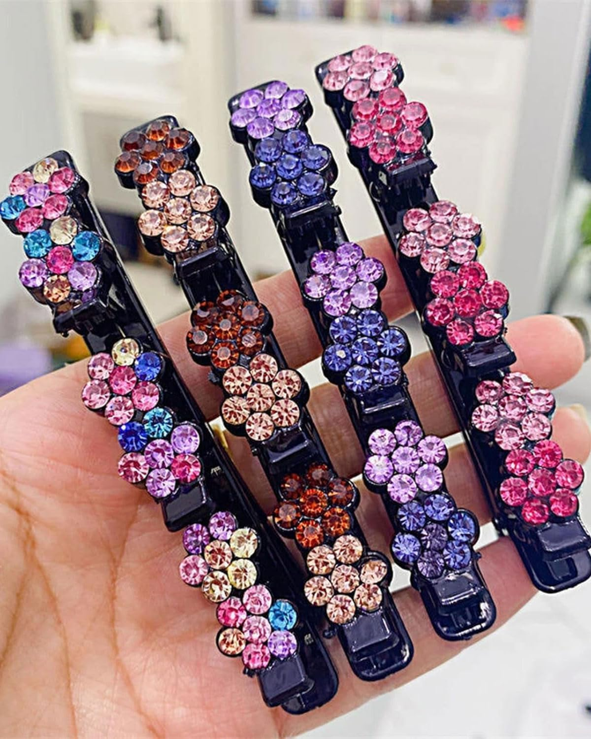 KGDUYC 4Pcs Braided Hair Clips with Crystal Stones, Hair Clip with Crystal Flower, Braided Duck Beak Clip, Braided Hair Clips, Hair Accessories for Women image number 4