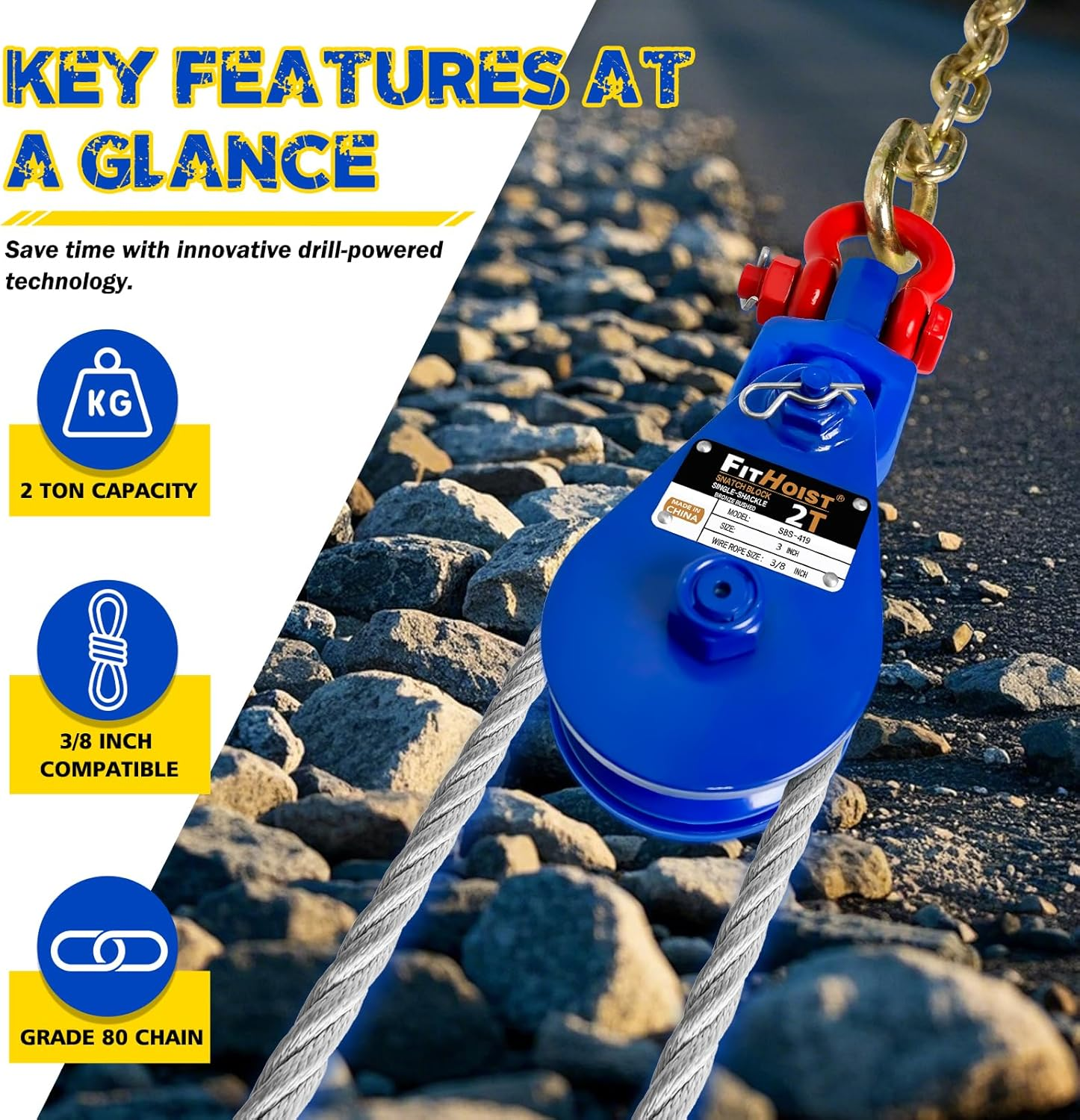 FITHOIST 2 Ton Snatch Block with G80 Chain | 3'' Sheave for 3/8" Inch Wire Rope | Pulley Block with Shackle for Heavy Duty Towing and Recovery Equipment | Tow Truck Rollback Wrecker Car Hauler Winch image number 6