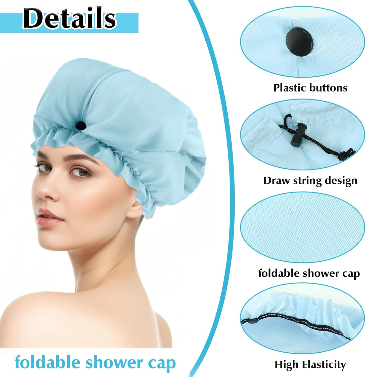 2 Pack Extra Large Shower Caps for Braids, Long Hair & Locs, Waterproof Hair Bonnets for Dreadlocks with Adjustable Drawstring (Pink, Light Blue) image number 6