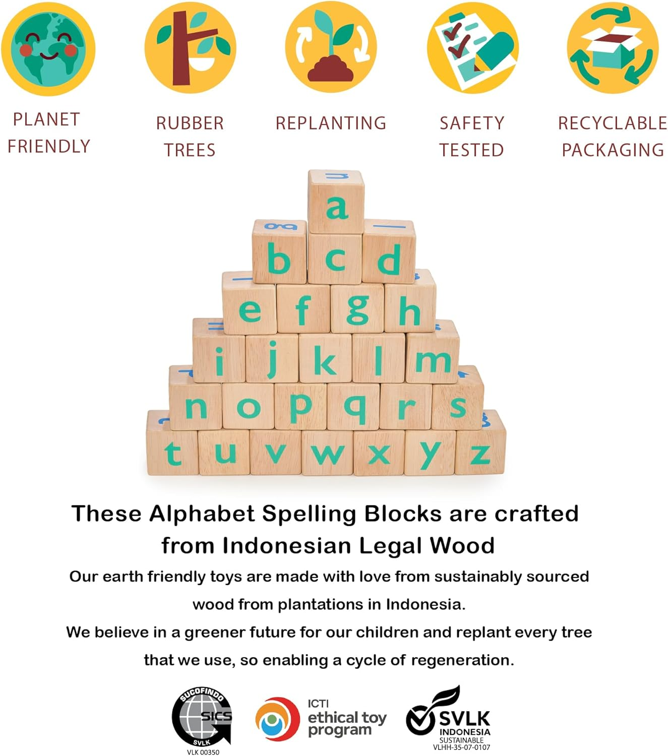 Mentari Toys - Alphabet Spelling Blocks - Wooden Block Letters Come with Drawstring Bag for Easy Storage - Age 3+ Year Old image number 1