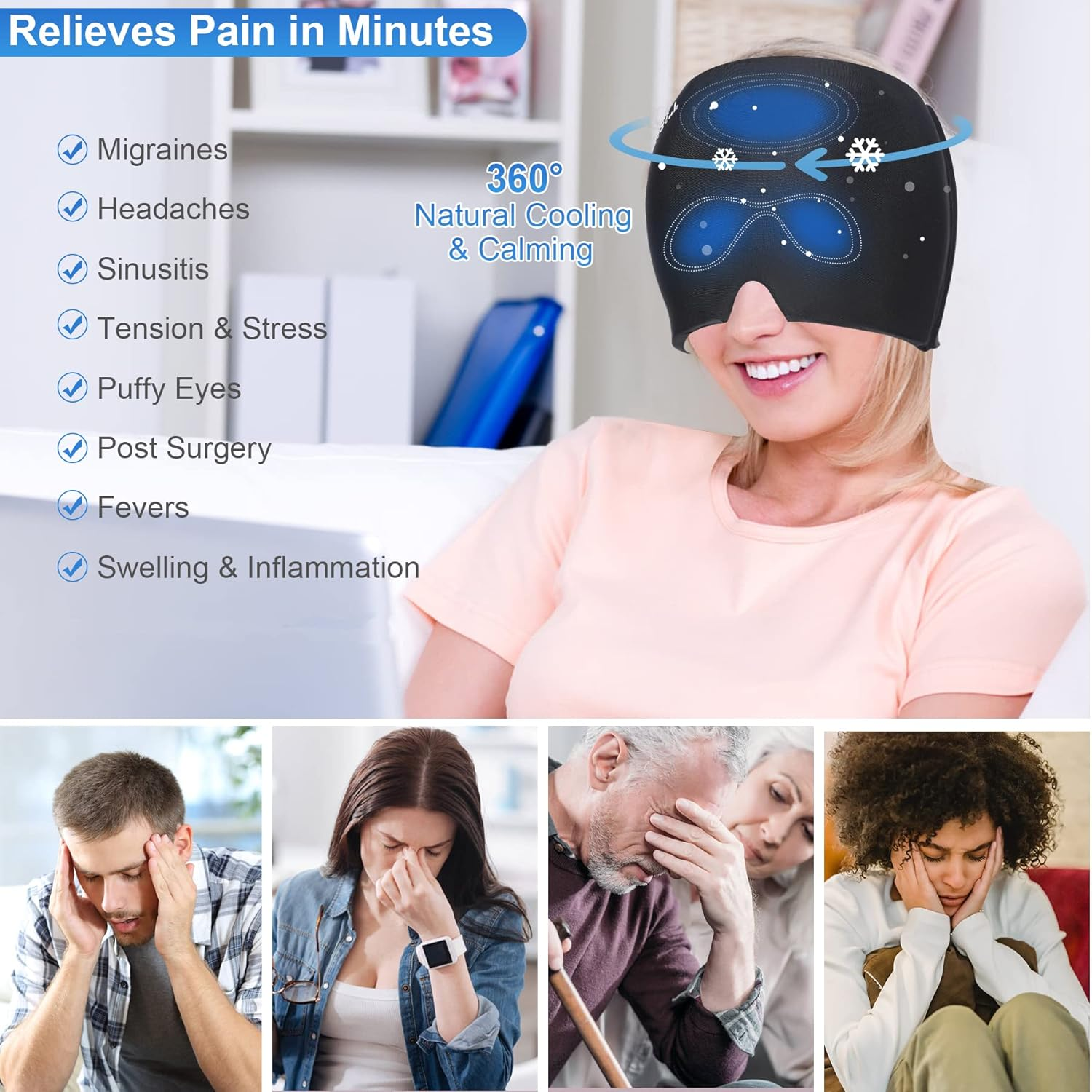 Gel Ice Headache Migraine Relief Hat Cap Hot and Cold Compress Therapy Stretchable Reusable Migraine Ice Head Wrap Hangover Hat Ice Pack Mask for Tension, Sinus, Sports Injuries, Fevers, TBI, Black image number 1