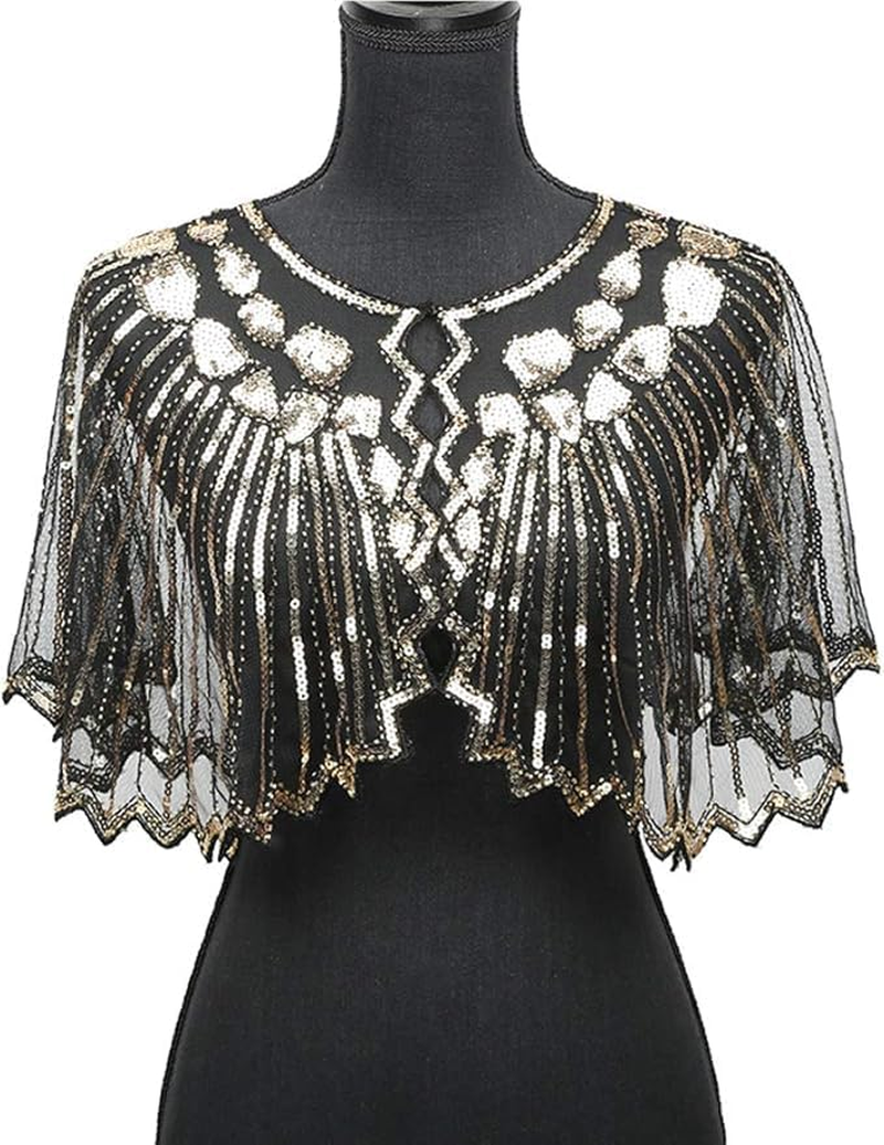 Women'S 1920S Shawl Wraps Beaded Sequin Cape Evening Flapper Cover Up image number 3