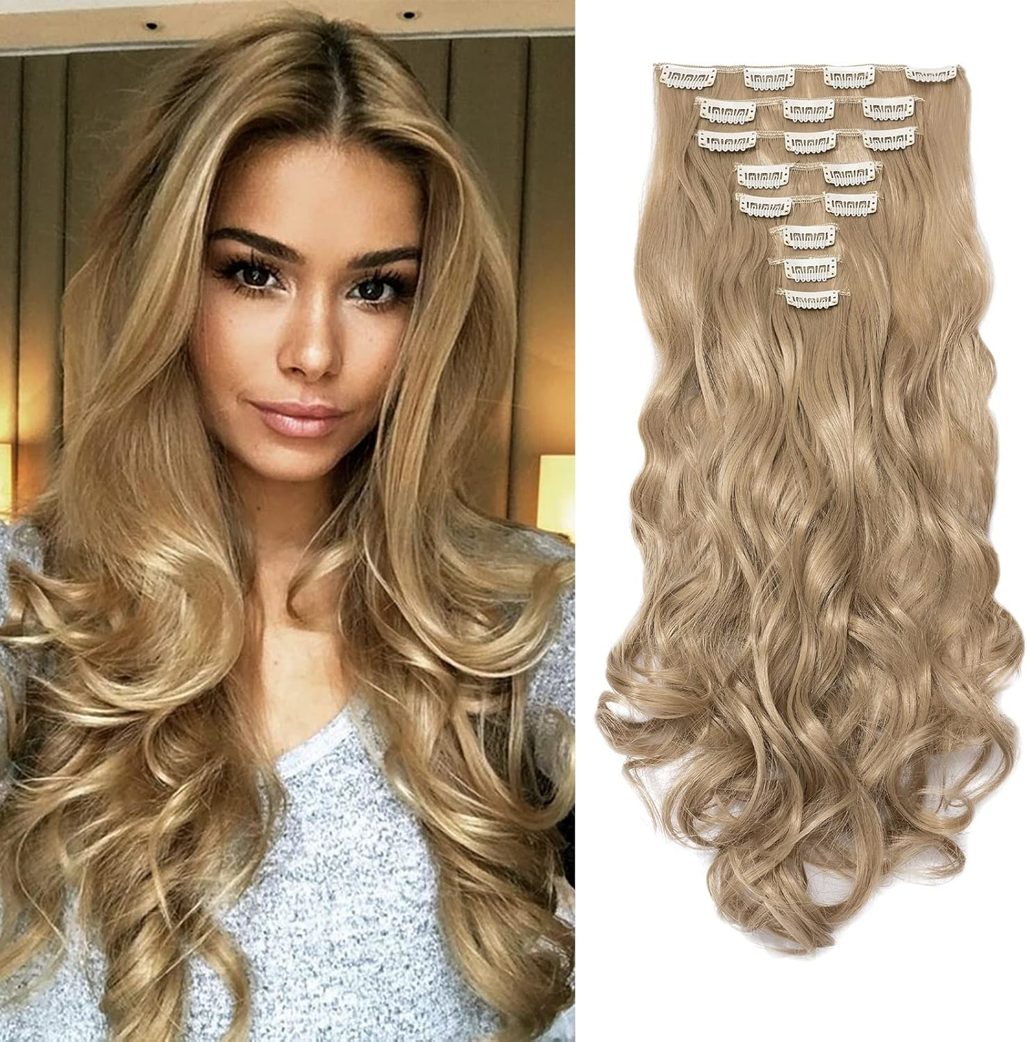 Cybelleza 50 Cm Clip-In Hair Extensions, Hairpiece like Real Hair, 6 Wefts, Wavy Cheap Hair Thickening, Curly, Wavy Curly Hair Extension, Synthetic Hair, Natural Blonde & Bleach Blonde