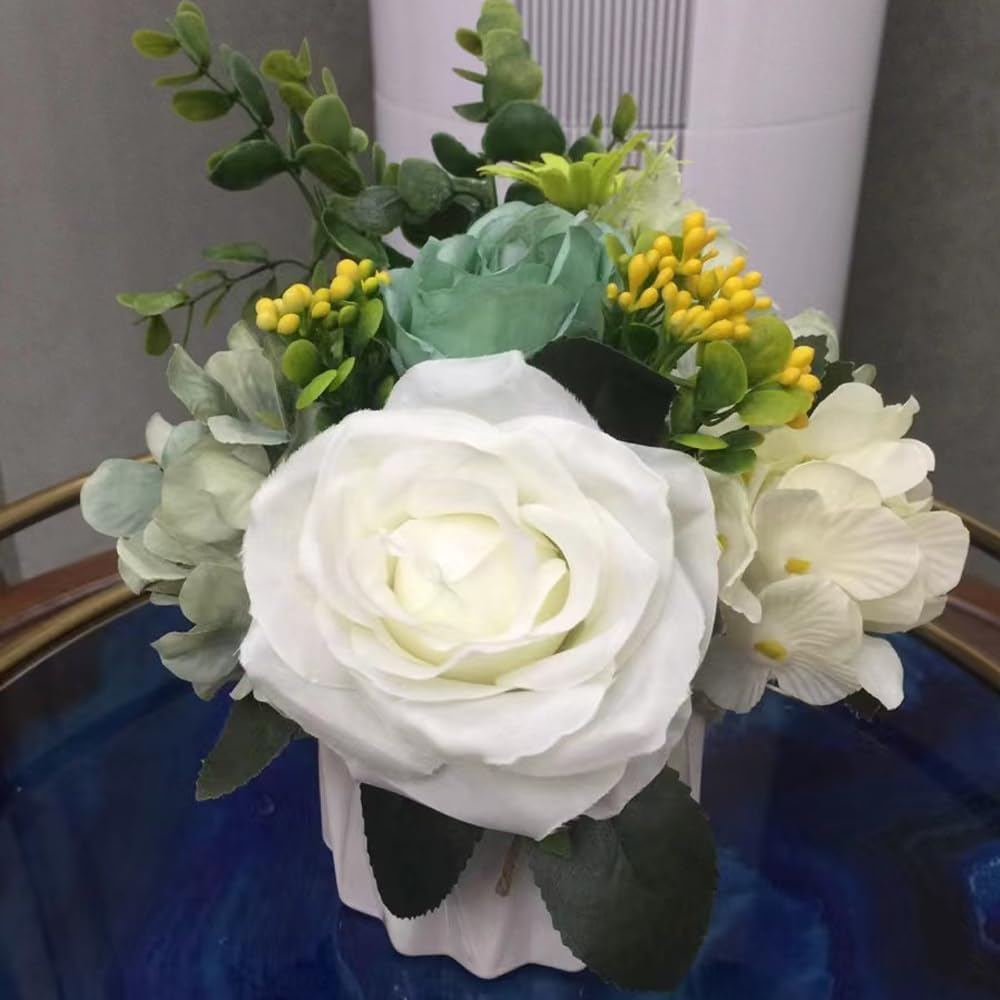 Hbluefat Small Artificial Flowers with Vase,Hydrangea Silk Roses Faux Flower in Ceramic Vase,Faux Flower Arrangement with Vase Suitable for Home Office Decoration,Dining Table Centerpiece (Vitality) - Green Daisy image number 7