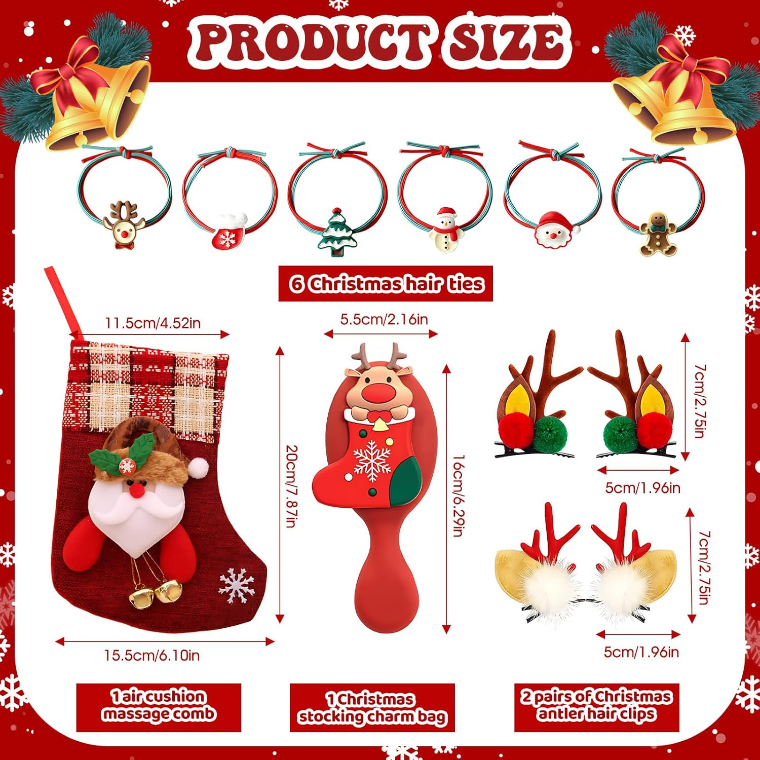 Christmas Hair Accessories Set, 10 Pieces Christmas Accessories for Women, with Christmas Hair Clips, Elastic Bands, Hair Brush, Christmas Stocking Filler, Beautiful and Practical, Can Be Used As image number 4