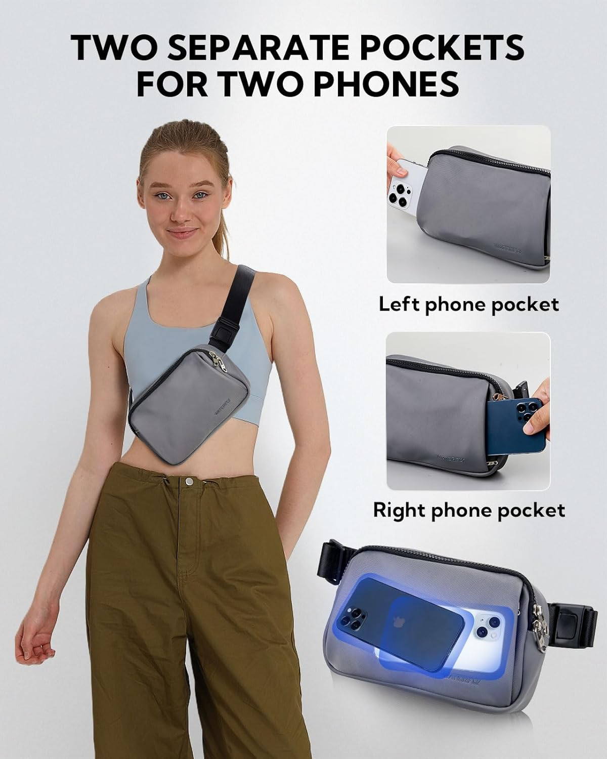 WATERFLY Bum Bag Belt Bag Men Women: Stylish Waist Bag Sport Fashion Crossbody Chest Bag Water-Repellent Small Hip Bag for Outdoor Travel Hiking Festival - Black image number 2