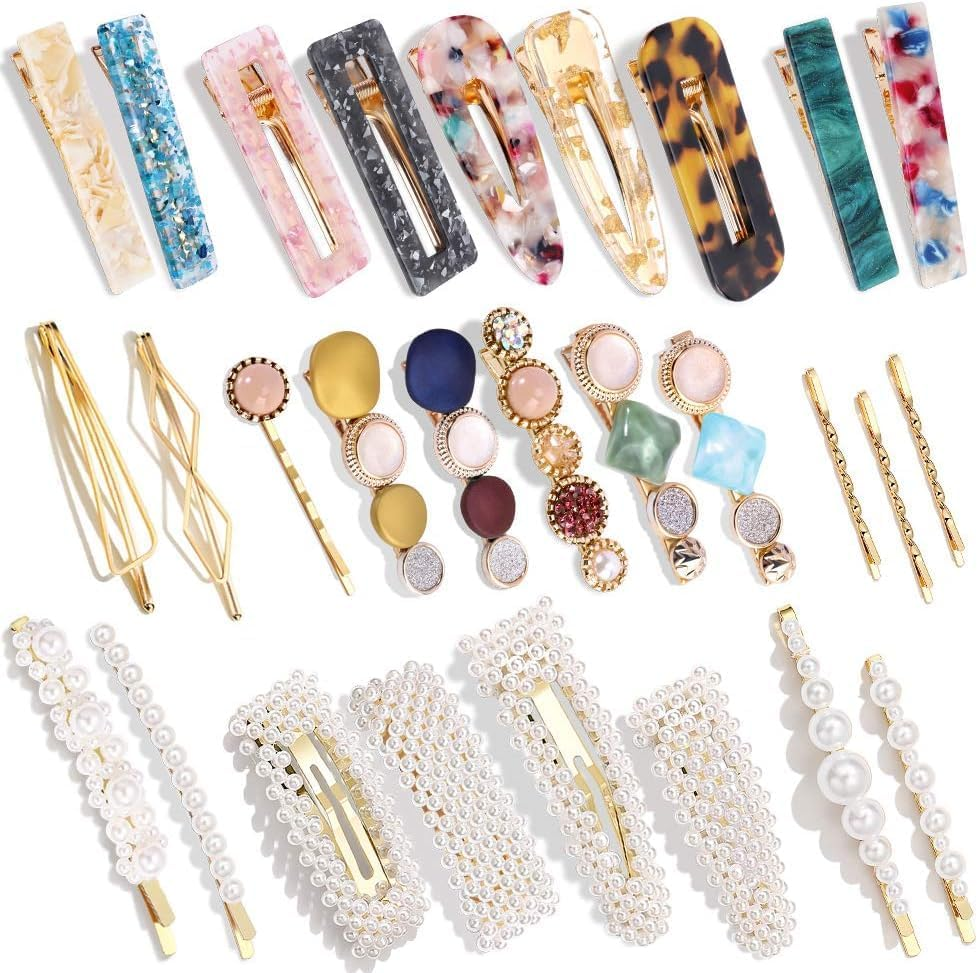 28 PCS Pearls and Acrylic Resin Hair Clips, Handmade Hair Barrettes, Marble Alligator Bobby Pins, Glitter Crystal Geometric Hairpin, Elega Nt Gold Hair Accessories image number 1