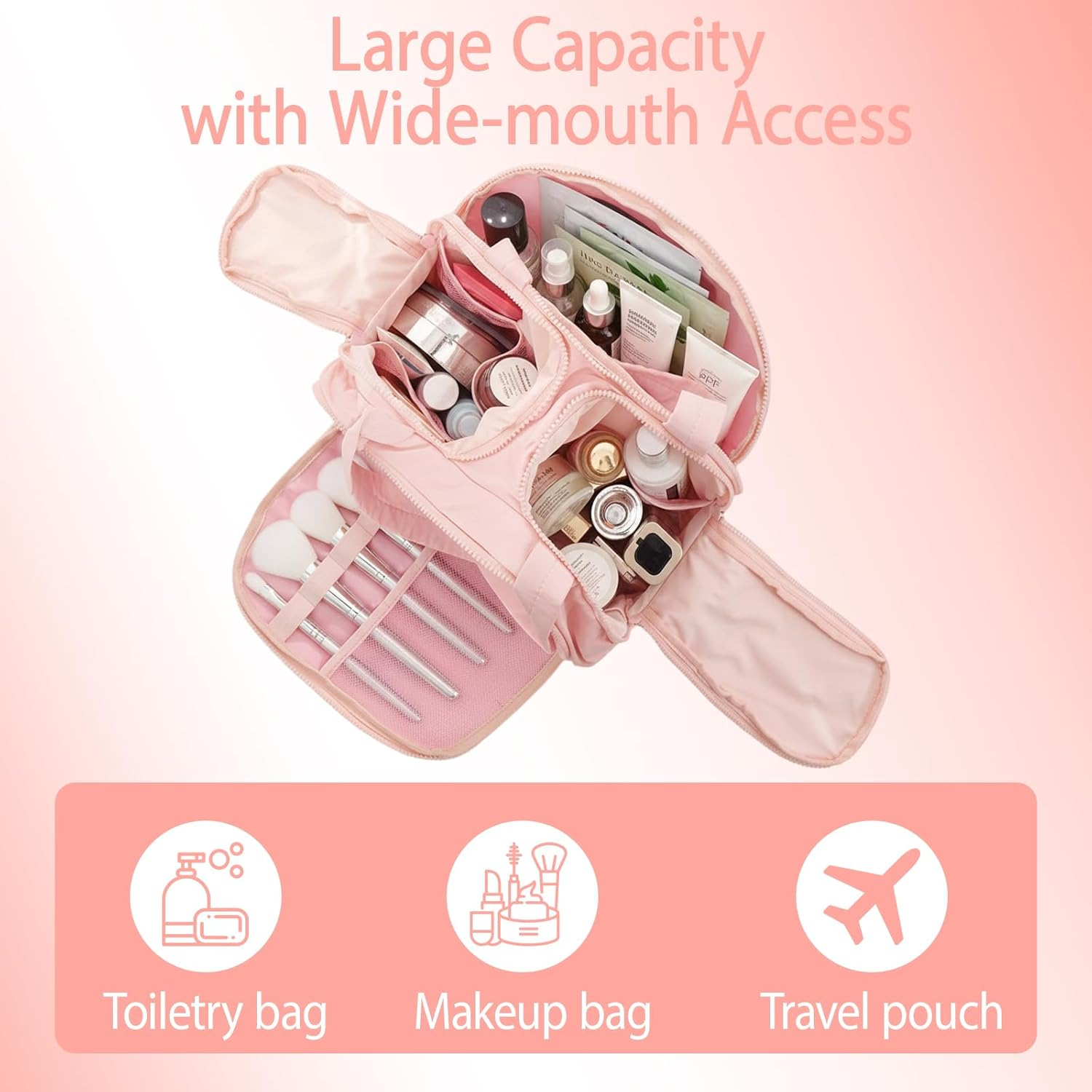 Travel Toiletry Bag, Pink Wide Opening Makeup Bag with Large Capacity, Compact Size 23X10X18Cm, Ideal for Women Travelling with Cosmetics and Toiletries